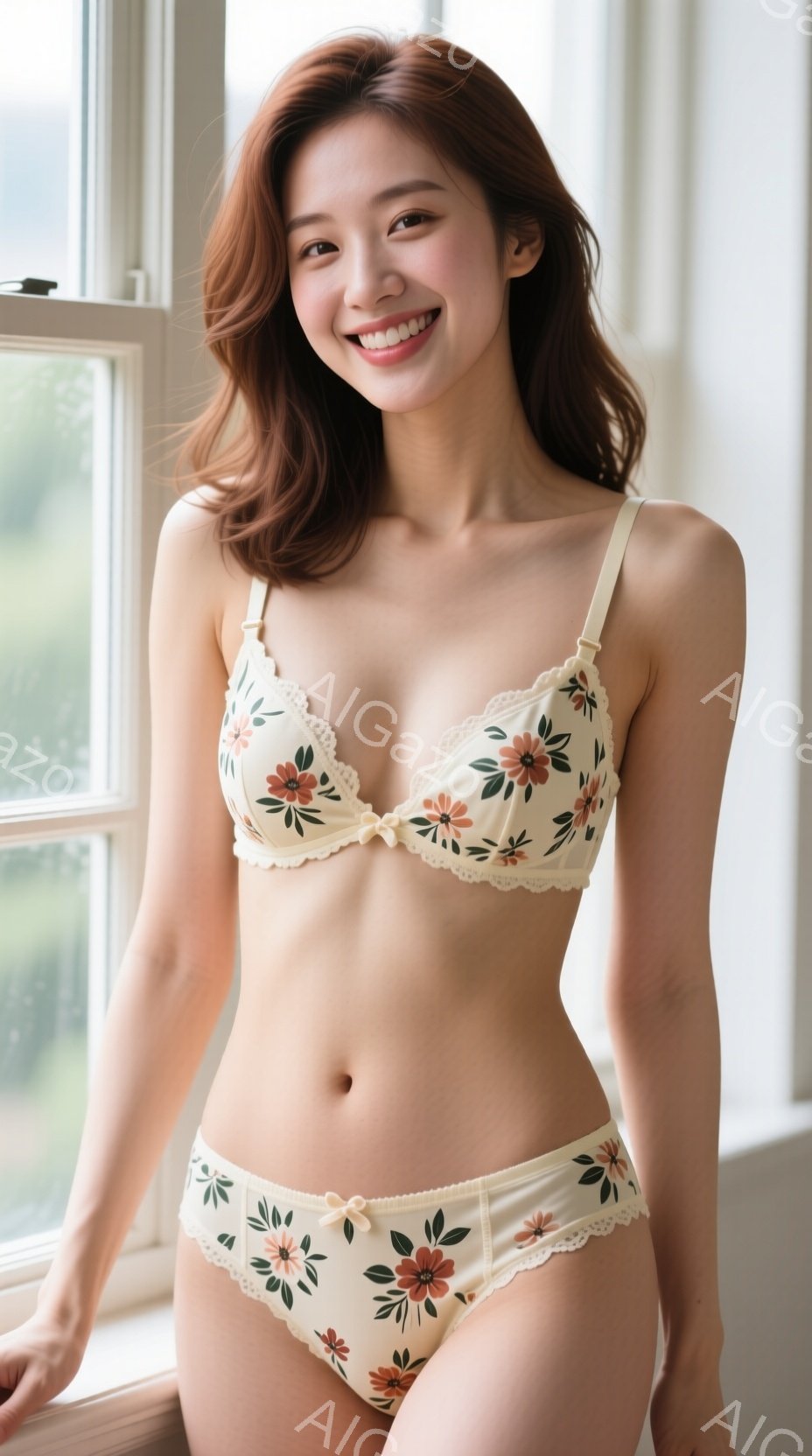 明るい表情の若い女性が、クリーム色の花柄のブラとショーツのセットを着用して立っています。彼女は肩までの茶色のゆるいウェーブヘアで、リラックスしたポーズで正面を向いています。背景はぼやけた窓と緑の風景で - AI生成フリー素材