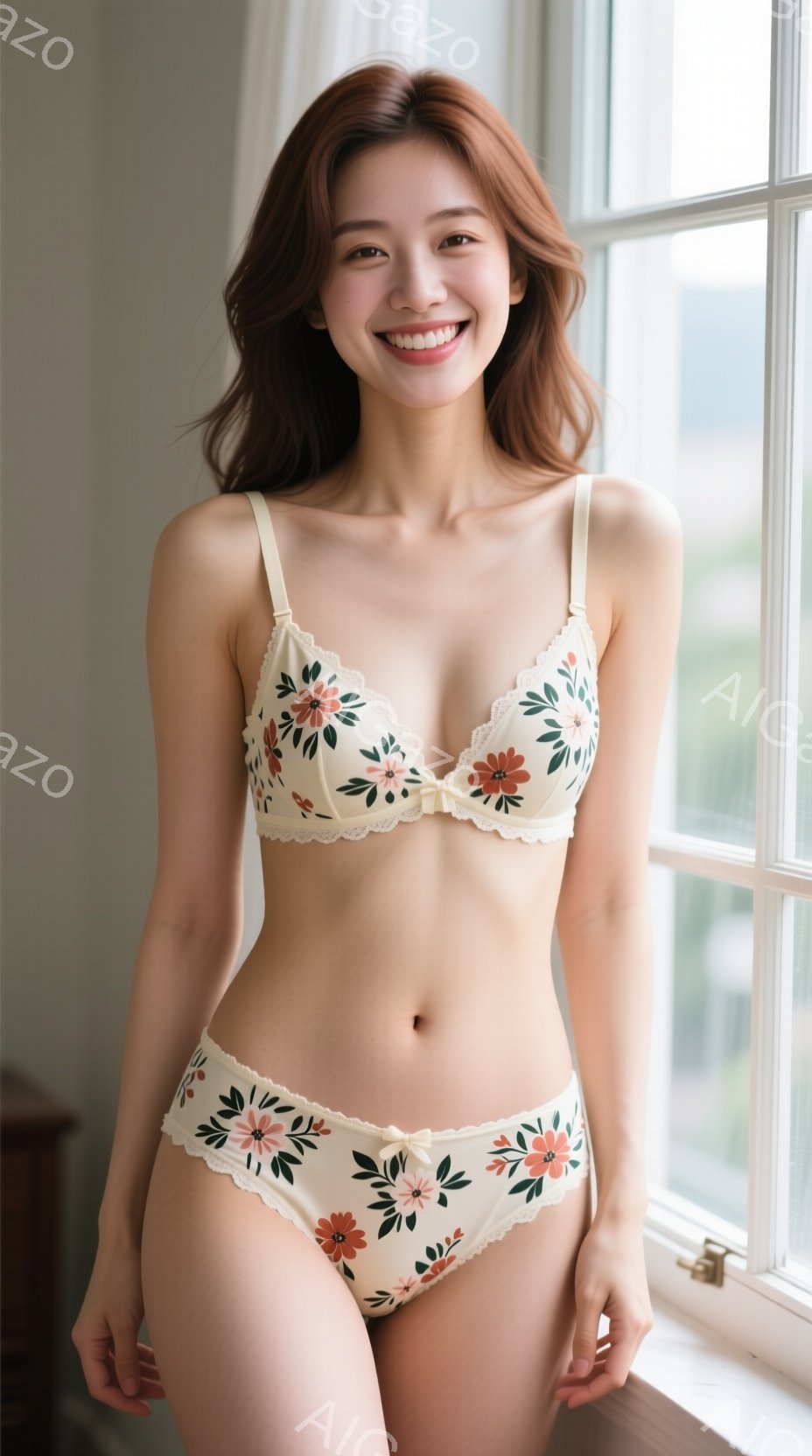 明るい笑顔を浮かべた女性が、花柄のブラとショーツを身につけて立っている。彼女は長い茶色の髪を後ろに流し、ややゆったりとした姿勢で、窓の近くで自然光を受けている。背景には、ぼやけた都市の風景が見え、全体 - AI生成フリー素材