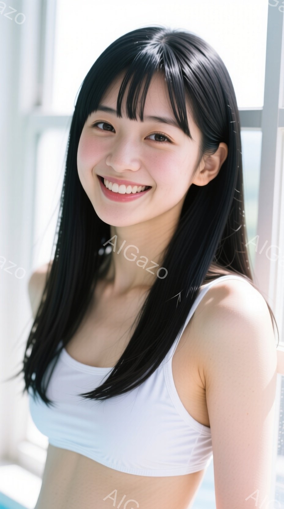 黒髪の女性が白いビキニトップスを着て、カメラに向かって微笑んでいます。彼女は少し横を向き、リラックスした姿勢で、背景にはぼやけたプールと光が差し込む窓が見えます。全体的に、明るく爽やかな雰囲気で、夏の - AI生成フリー素材