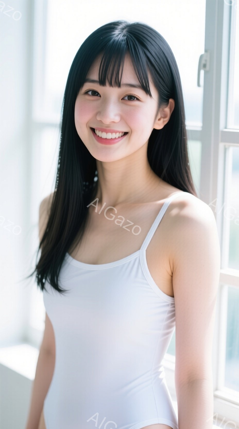 長い黒髪で前髪は眉毛にかかる程度にカットされた女性が写っています。白いキャミソールを着て微笑んでおり、姿勢は正しく、リラックスした雰囲気です。背景は明るい光が差し込む窓で、穏やかで清潔感のある印象を与 - AI生成フリー素材