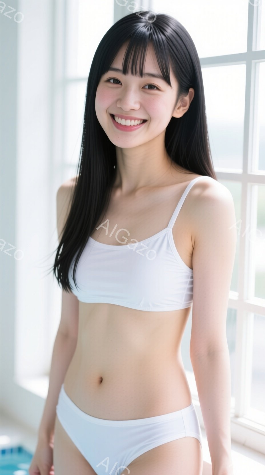 黒髪の女性が白いビキニ姿で微笑んでいます。彼女は正面を向き、少し体を傾けて立っており、健康的で引き締まった体型を強調しています。背景にはぼやけた窓があり、明るく開放的な雰囲気が漂っています。 - AI生成フリー素材