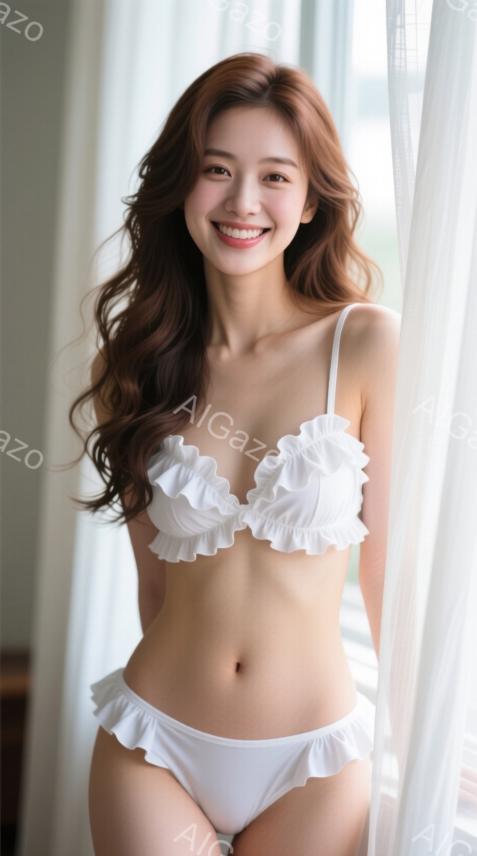 長い茶色の髪が肩にかかっている女性が、白いフリル付きのビキニを着て立っています。彼女は微笑んでいて、姿勢はリラックスしています。背景はぼやけており、窓からの自然光が差し込んでいます。 - AI生成フリー素材