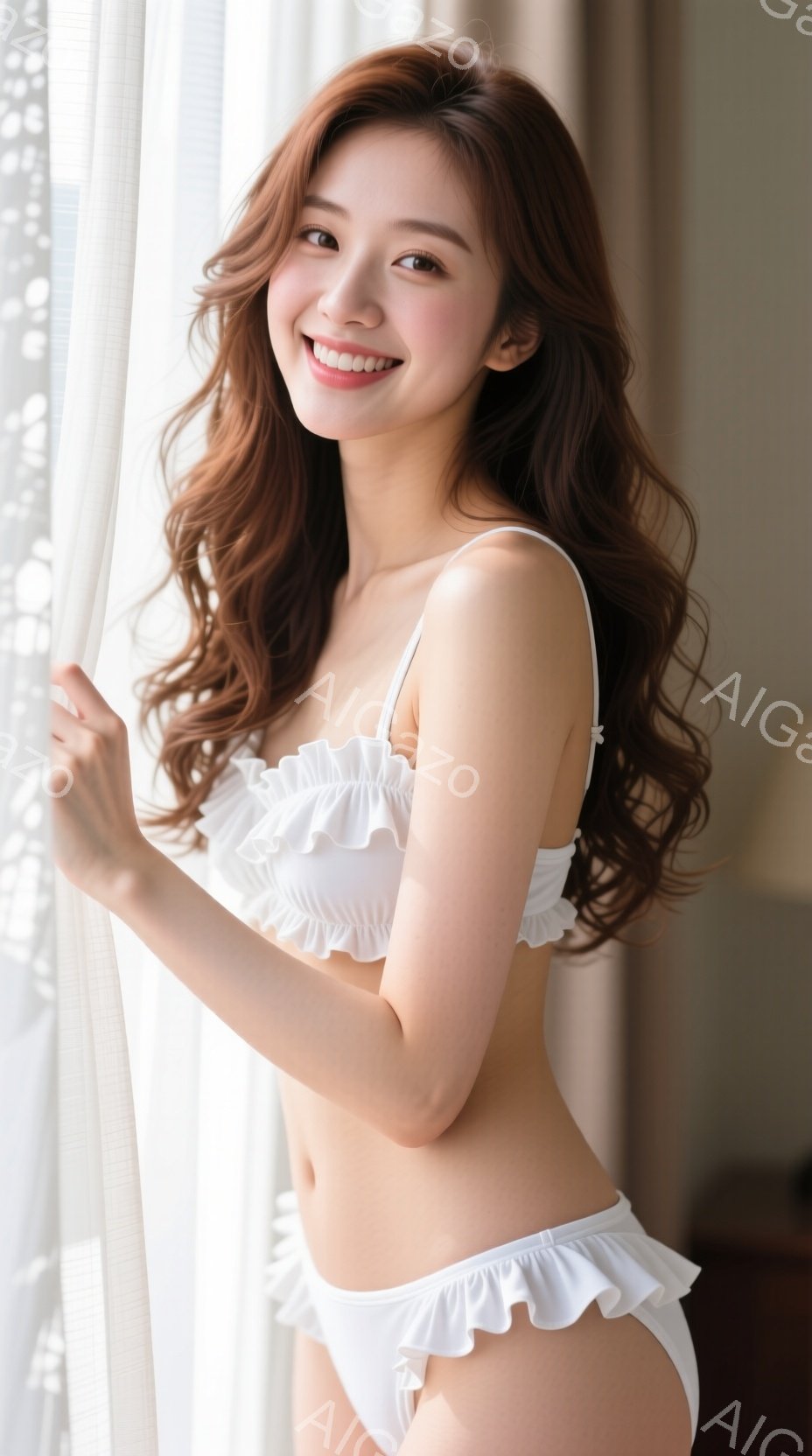 明るい室内で、茶髪の女性が白いフリル付きのビキニを着て微笑んでいます。彼女はわずかに体をねじり、片手を上げ、リラックスした姿勢を見せています。背景には白いカーテンとぼやけた室内の様子が見え、全体的に明 - AI生成フリー素材