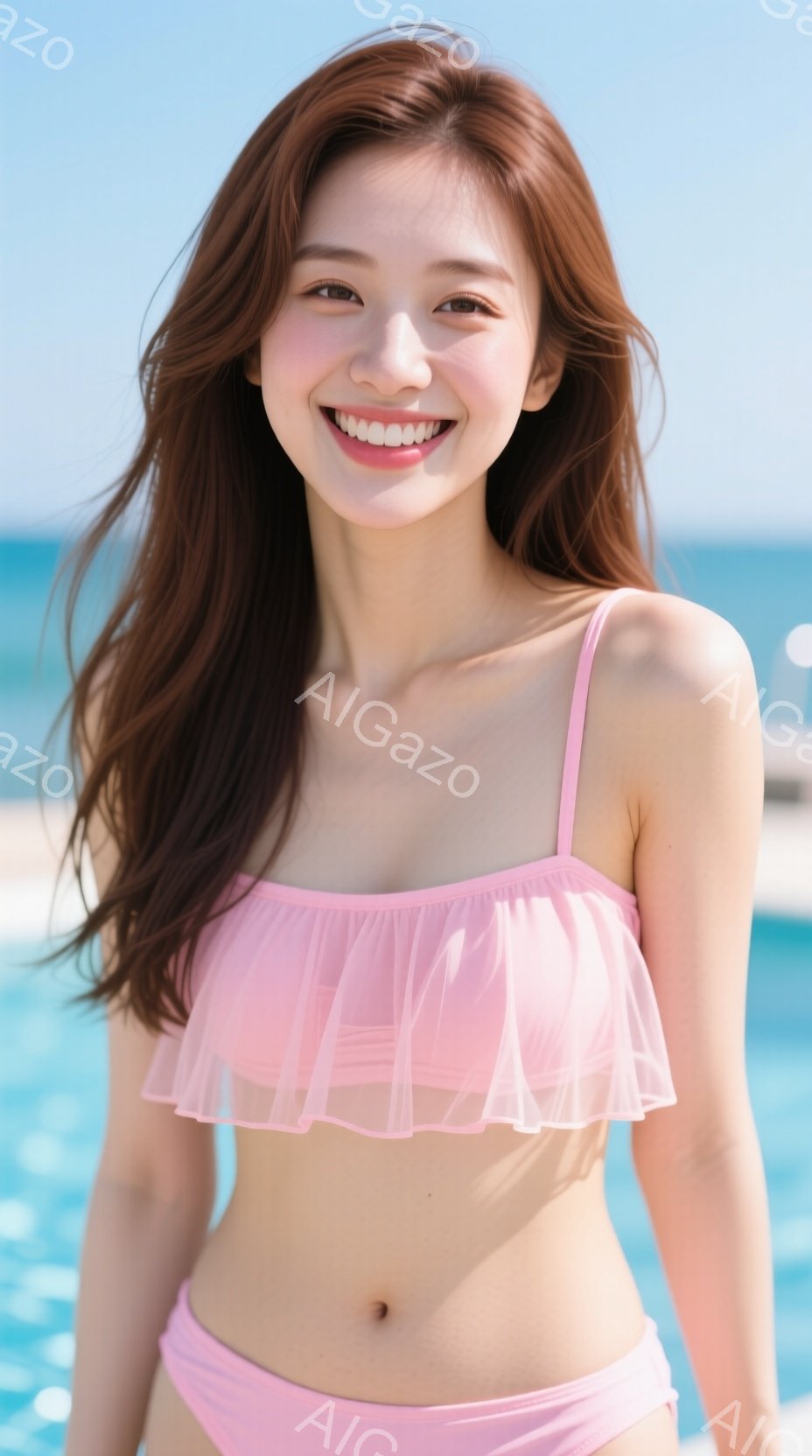 明るい日差しの中で、ピンク色のビキニを着た女性が写っています。彼女は長い茶色の髪を肩にかけ、微笑んでいます。背景には青い海と水中の光が広がり、リラックスした夏の雰囲気を醸し出しています。 - AI生成フリー素材