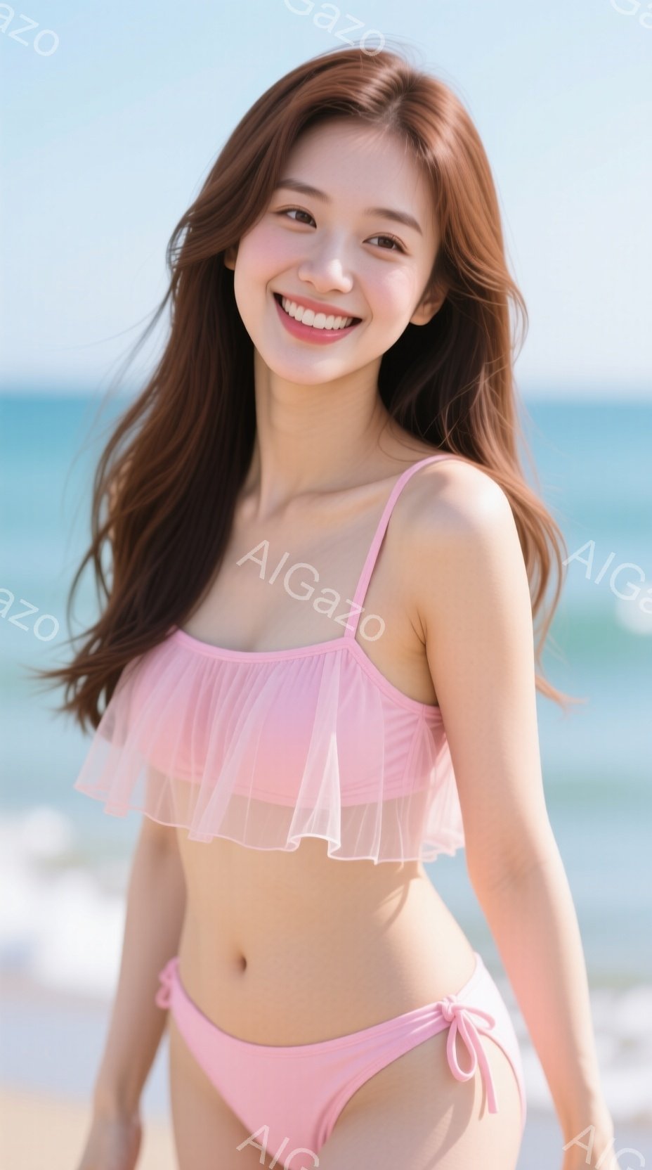 明るいピンク色のビキニを着た若い女性が写っています。彼女は長い茶色の髪を無造作に垂らし、満面の笑顔を浮かべています。背景は青い海と砂浜で、晴れた日のビーチリゾートの雰囲気が漂っています。 - AI生成フリー素材