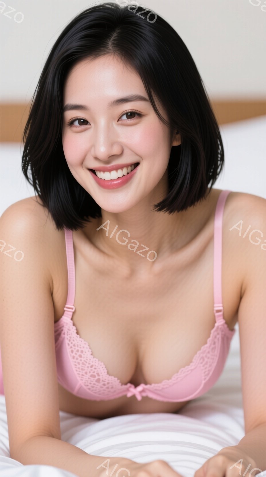 黒髪の短いボブヘアの女性が、ピンク色のレースのブラレットを着てベッドに横たわっています。彼女は明るい笑顔でカメラを見つめており、リラックスした雰囲気が漂っています。背景は白いベッドシーツで、全体的に明 - AI生成フリー素材