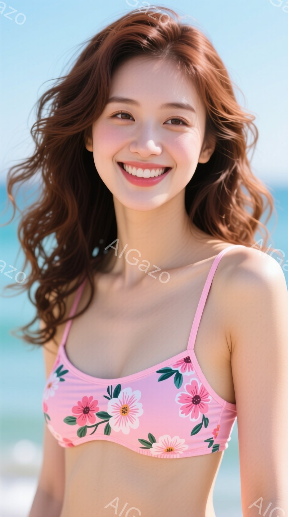 明るいピンク色の花柄のビキニを着た若い女性が写っています。彼女は髪を肩まで伸ばし、笑顔でカメラを見ています。背景には青い海と空が広がり、晴れた日のビーチの穏やかな雰囲気を伝えています。 - AI生成フリー素材