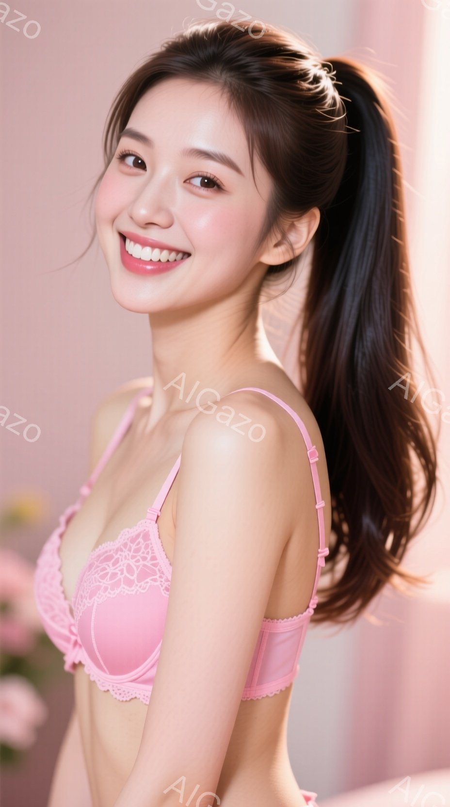 長い黒髪をポニーテールにした若い女性が、淡いピンク色のレースのブラレットを着用して微笑んでいます。彼女は少し体を傾け、カメラに向かって自信に満ちた表情を浮かべています。背景はぼかしたピンク色で、花がわ - AI生成フリー素材