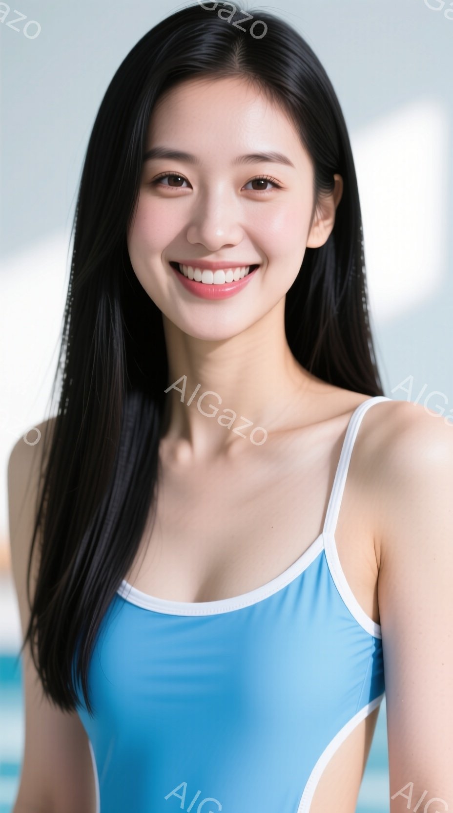 長い黒髪を肩から下まで伸ばした若い女性が、明るい水色のワンピース水着を着ています。彼女は微笑んでおり、視線はカメラに向けられています。背景はぼやけていますが、プールの水面がわずかに見え、全体的に爽やか - AI生成フリー素材