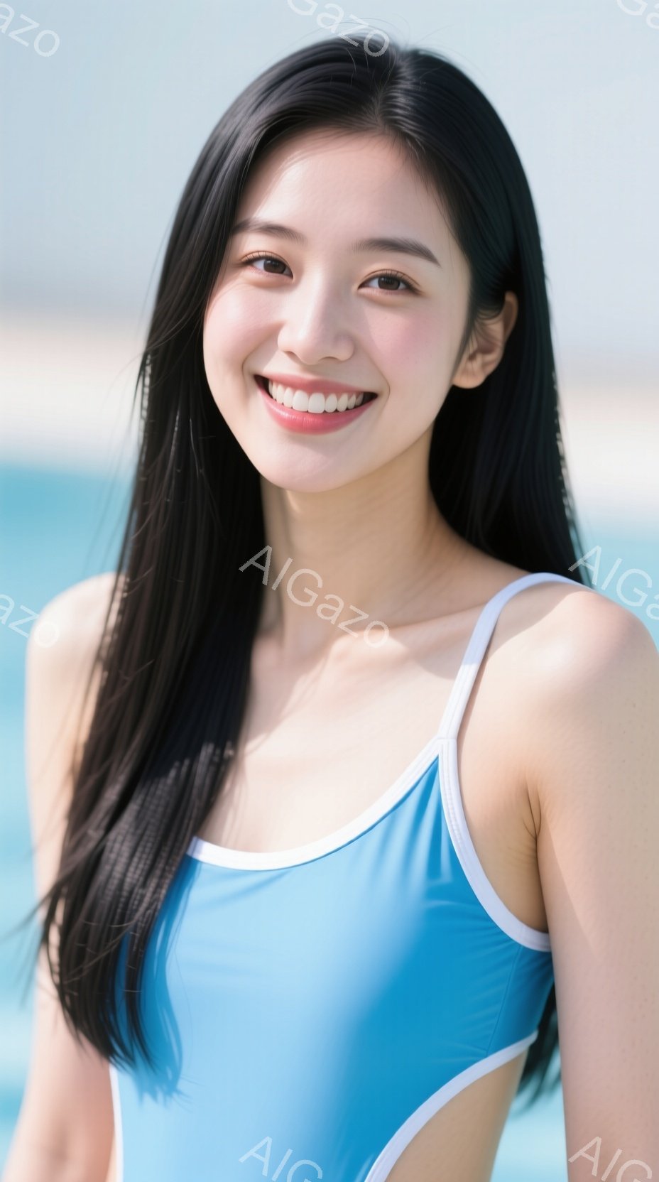 長い黒髪を肩から下で伸ばした女性が、明るい青色の水着を着ています。彼女は微笑んでおり、表情はリラックスしていて、自信に満ちています。背景は穏やかな青い海で、晴れた日の穏やかな雰囲気を醸し出しています。 - AI生成フリー素材