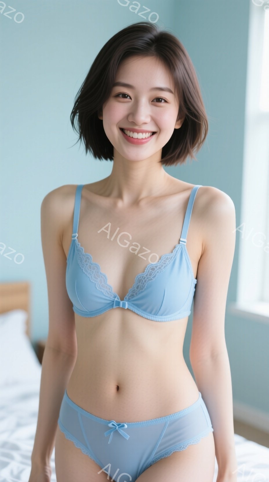 青いレースのブラジャーとショーツを身につけた若い女性が写っています。彼女は軽く微笑み、カメラに向かって少し体を傾けています。背景は白いベッドと薄い青色の壁で、明るく清潔な雰囲気が漂っています。 - AI生成フリー素材