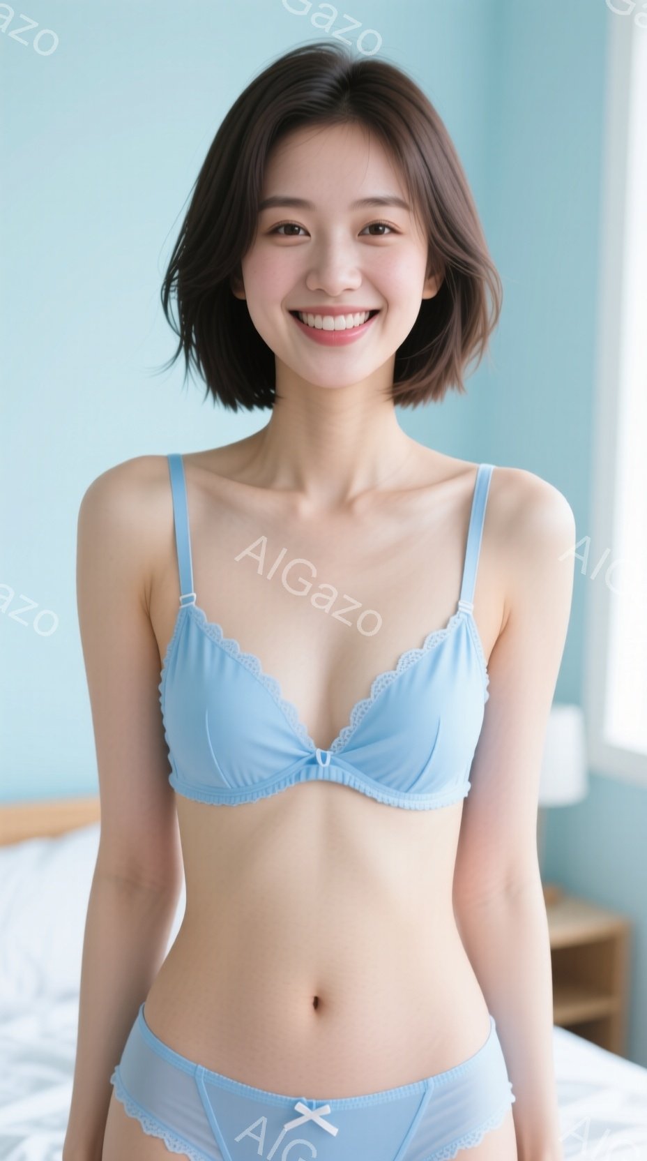 明るい青色のブラとショーツを身につけた若い女性が、微笑みを浮かべてカメラを見つめている。彼女は肩までの長さのダークブラウンのヘアスタイルで、姿勢はリラックスしており、背景には白いベッドと木製の家具が見 - AI生成フリー素材