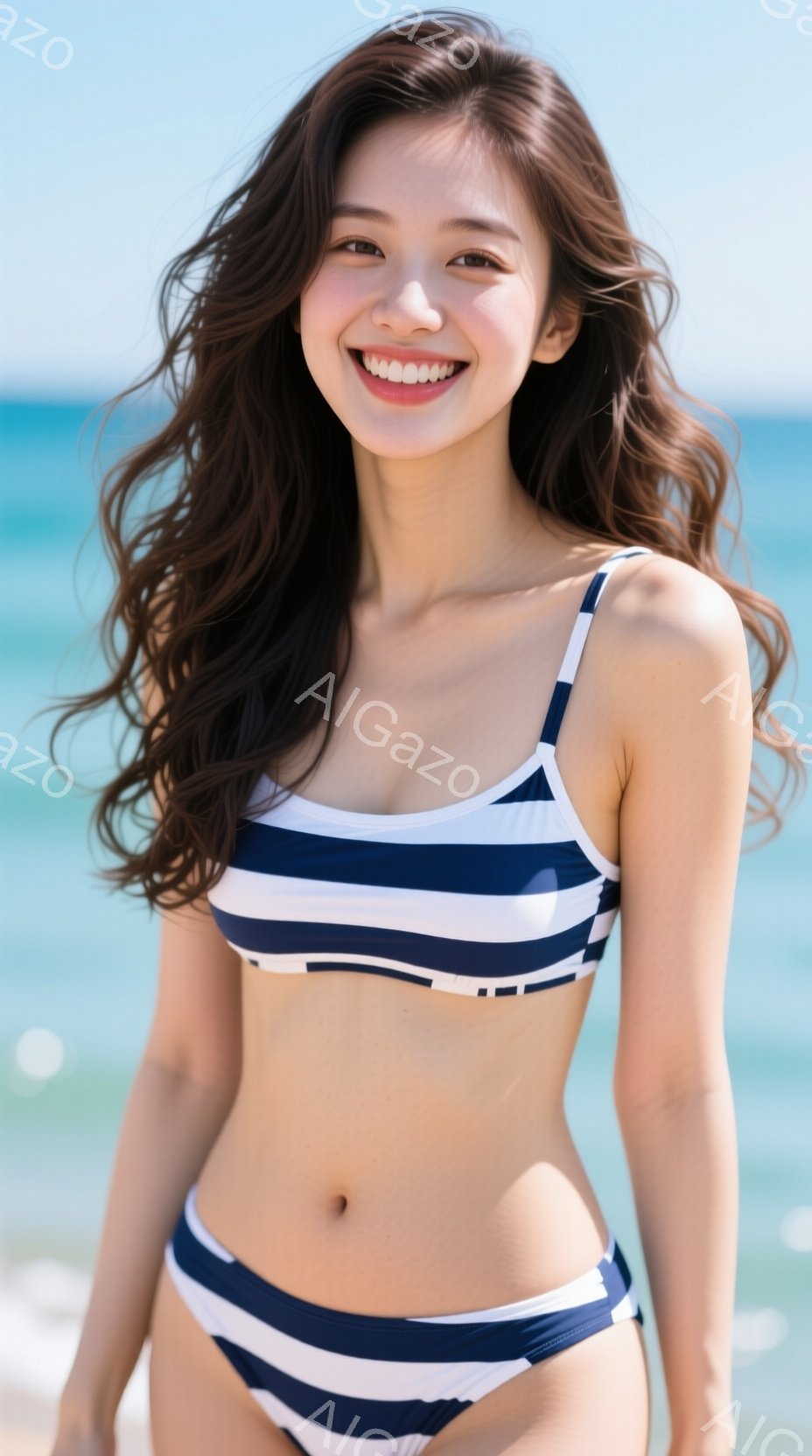 ストライプのビキニを着た若い女性が正面を向いて微笑んでいます。彼女は髪を自然なカールで肩にかけ、リラックスした姿勢で立っています。背景には青い海と白い砂浜が広がり、晴天のビーチの穏やかな雰囲気を醸し出 - AI生成フリー素材