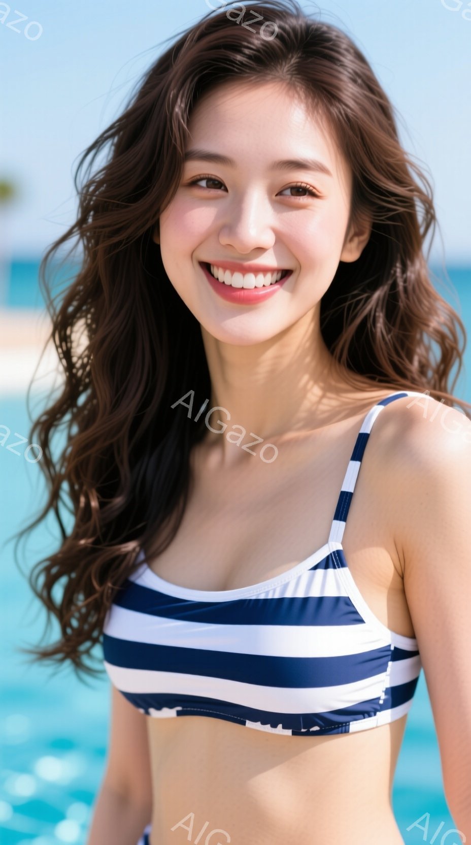 画像は、ストライプのビキニを着た若い女性を捉えています。彼女は微笑み、少し上目遣いをしており、髪は肩まで届くゆるいウェーブがかかっています。背景には青い水面と白い砂浜が見え、晴れた日のリゾート地の雰囲 - AI生成フリー素材