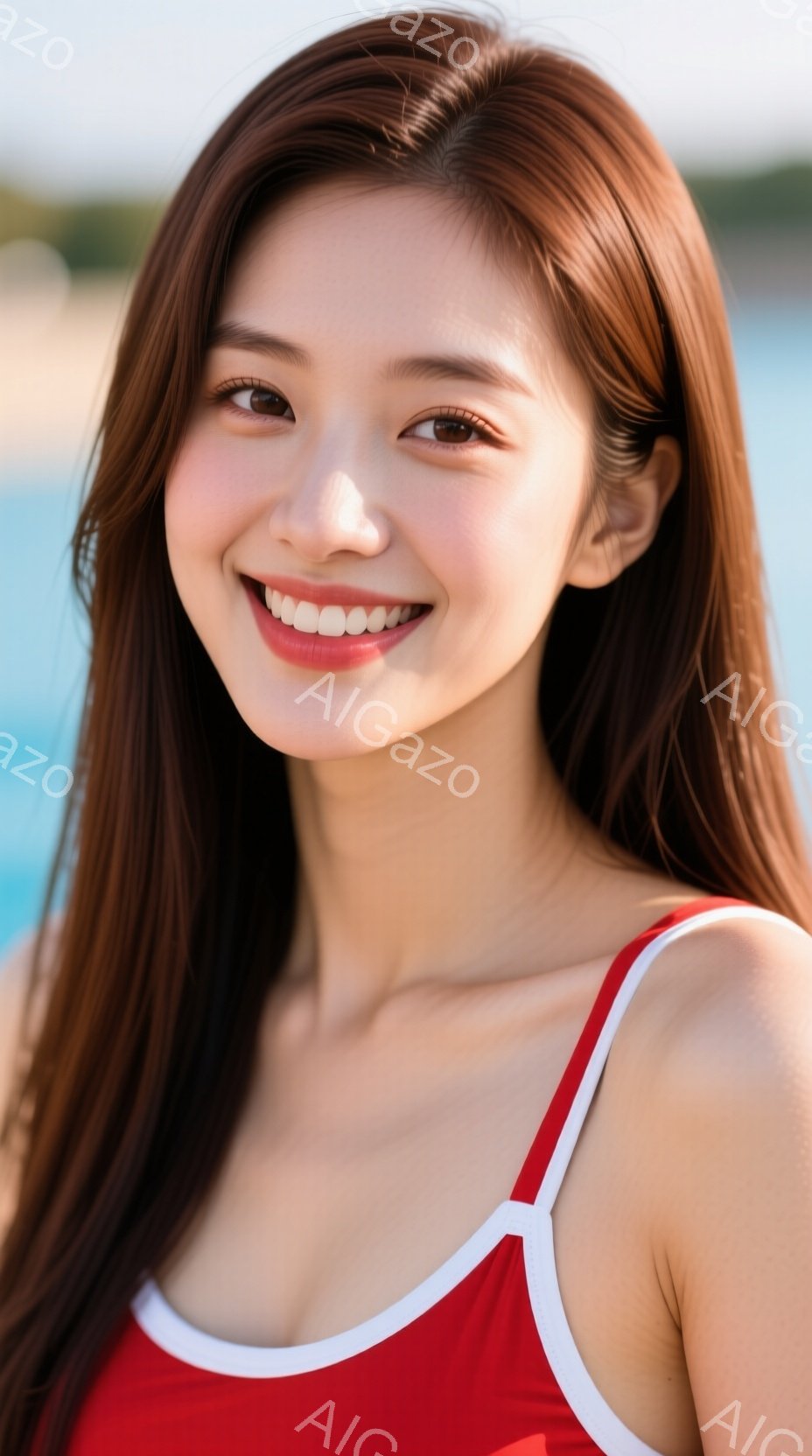長い茶色の髪を肩から下まで伸ばした女性が写っています。彼女は赤いストラップ付きのトップスを着て微笑んでおり、顔色は明るく、健康的です。背景には青い水面が見え、晴れた日の穏やかな雰囲気が感じられます。 - AI生成フリー素材