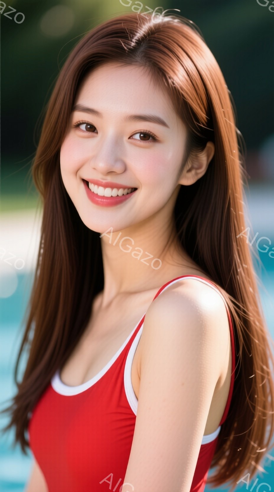 長い茶色の髪をなびかせ、赤い水着を着た若い女性が写っています。彼女は微笑んでおり、リラックスした雰囲気で、おそらくプールのそばに立っていると思われます。背景には青い水と緑の植物が見え、晴れた日の穏やか - AI生成フリー素材