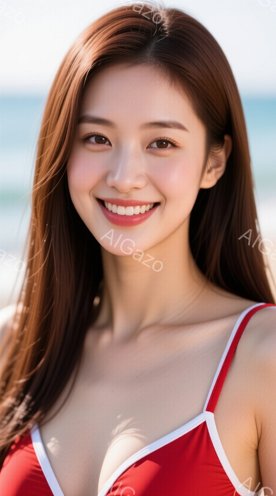 長い茶色の髪を肩から下ろした女性が、赤い水着の上着を身に着けている。彼女は微笑んでおり、日焼けした肌と自然なメイクが印象的だ。背景には穏やかな海と青空が広がり、リラックスした夏の雰囲気が漂っている。