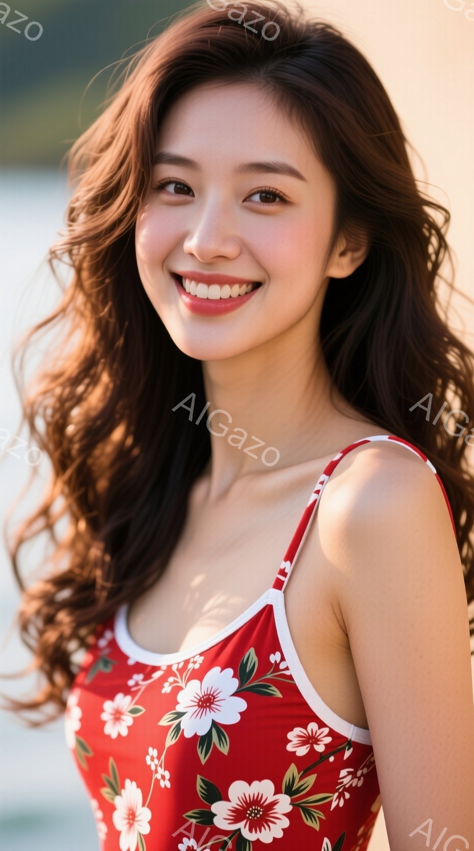 明るい笑顔を見せる女性が写っています。赤い花柄のキャミソールワンピースを着ており、長い茶色の髪は風になびいています。背景はぼやけていますが、自然光に照らされた穏やかな風景で、全体的に明るく爽やかな雰囲 - AI生成フリー素材