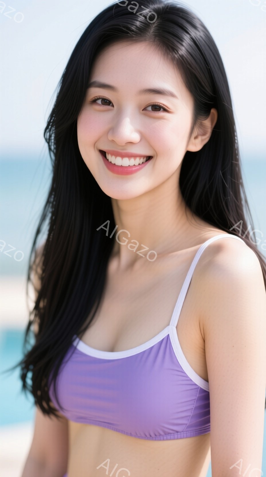 長い黒髪を肩から下で伸ばした若い女性が、淡い紫色のビキニを着て微笑んでいます。彼女はカメラに向かって少し顔を傾け、リラックスした雰囲気でポーズをとっています。背景には青い海と砂浜が広がり、晴れた日の穏 - AI生成フリー素材