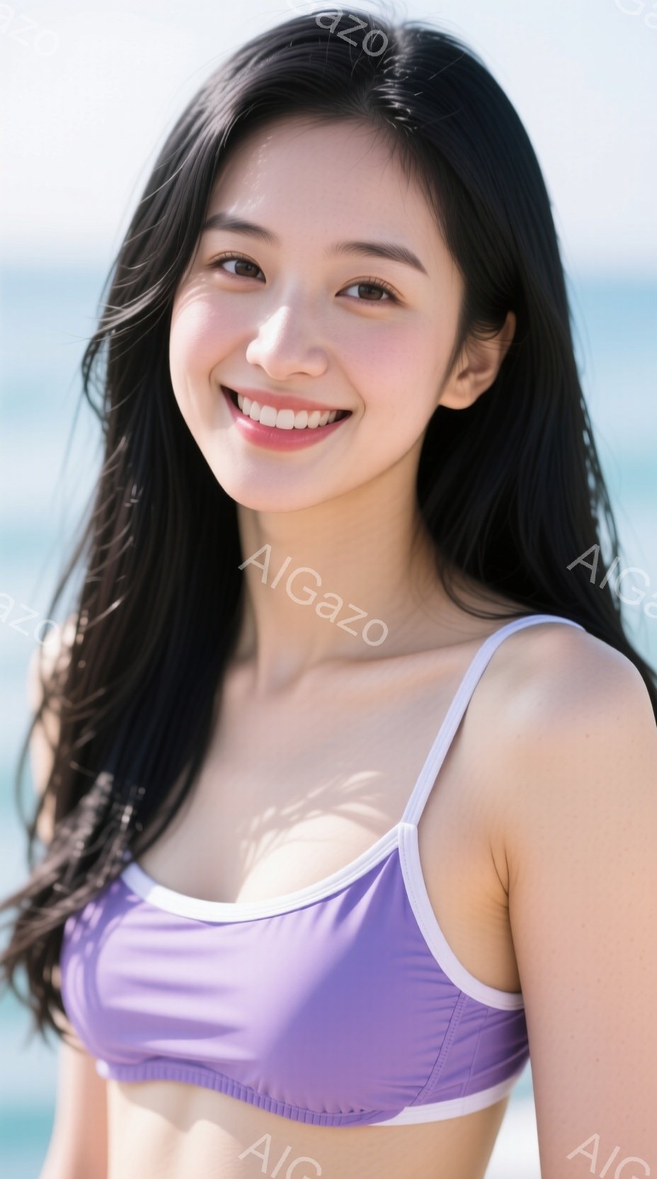 黒髪の女性が、紫色のビキニトップスと白い縁取りのビキニボトムを着用し、微笑んでいます。彼女は少し横を向き、太陽の光が顔にかかっています。背景は青い海と白い砂浜で、晴れた日のリラックスした雰囲気です。 - AI生成フリー素材