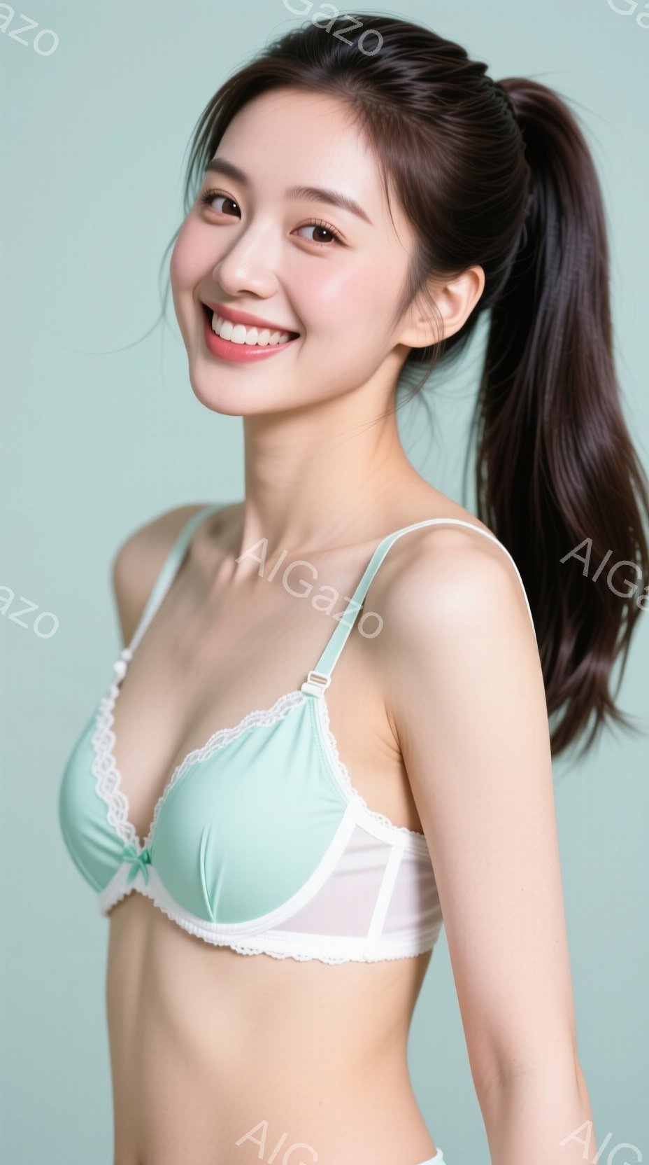 若い女性が薄緑色のレースのブラと下着を身に着けています。彼女は笑顔で、髪は後ろで高いポニーテールにまとめられています。背景は明るい水色で、全体的に明るく清潔な雰囲気を醸し出しています。 - AI生成フリー素材