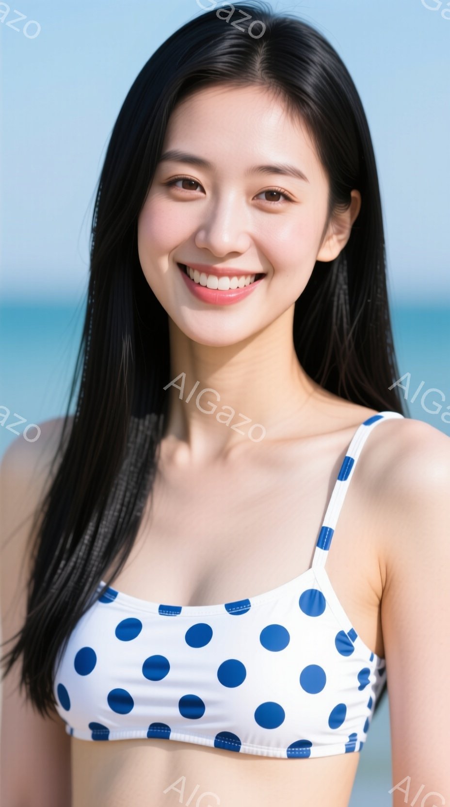 長い黒髪を肩にかけた女性が、白い水玉模様のビキニを着て笑顔でこちらを見ている。背景は青い海と空で、明るい日差しが彼女を照らしている。全体的に爽やかで、夏らしい雰囲気が漂っている。