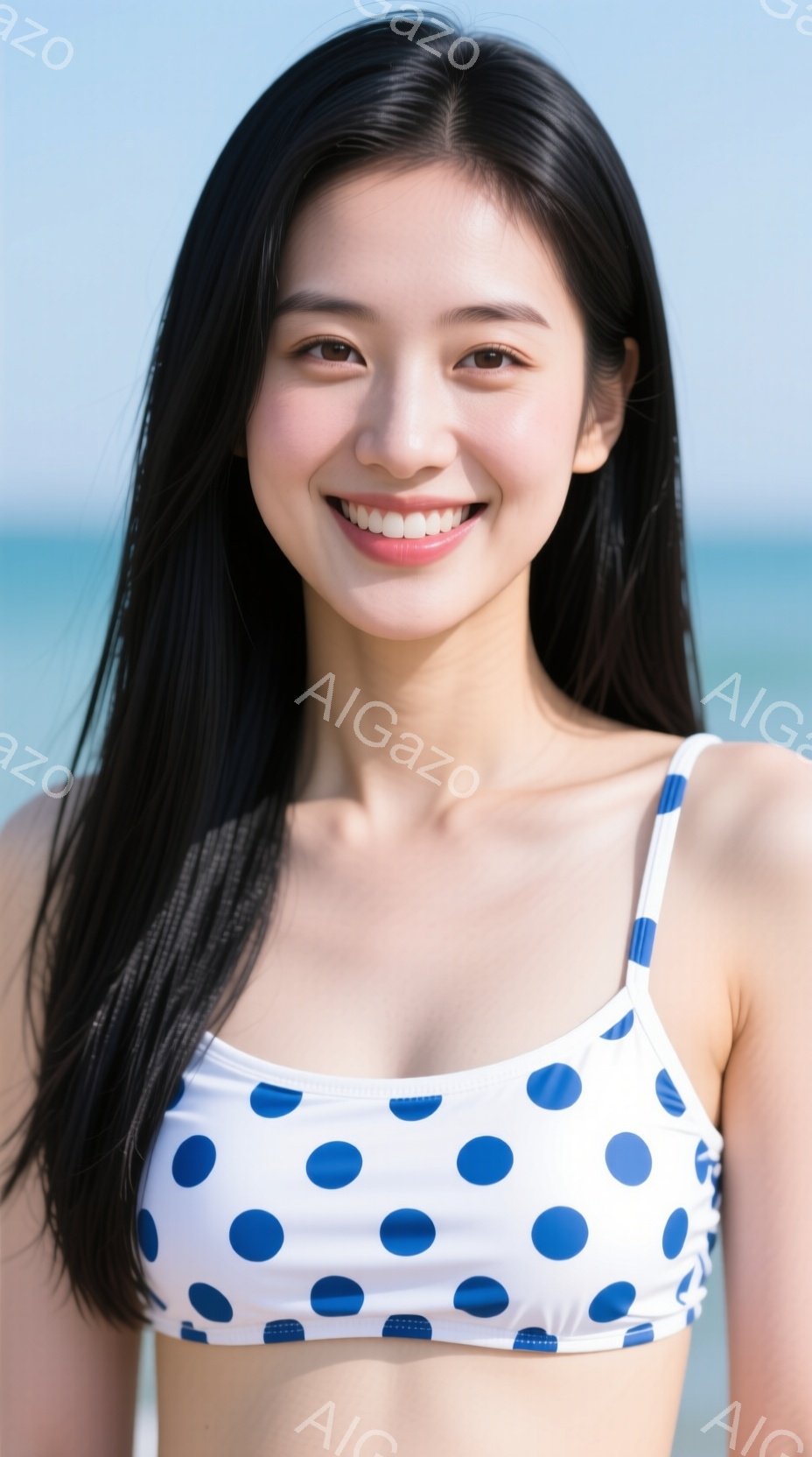 白地に紺色の水玉模様のビキニトップを着た女性が写っています。彼女は長い黒髪で、顔には笑顔が浮かんでいます。背景は青い海と空で、晴れた日のビーチの様子が伺えます。 - AI生成フリー素材