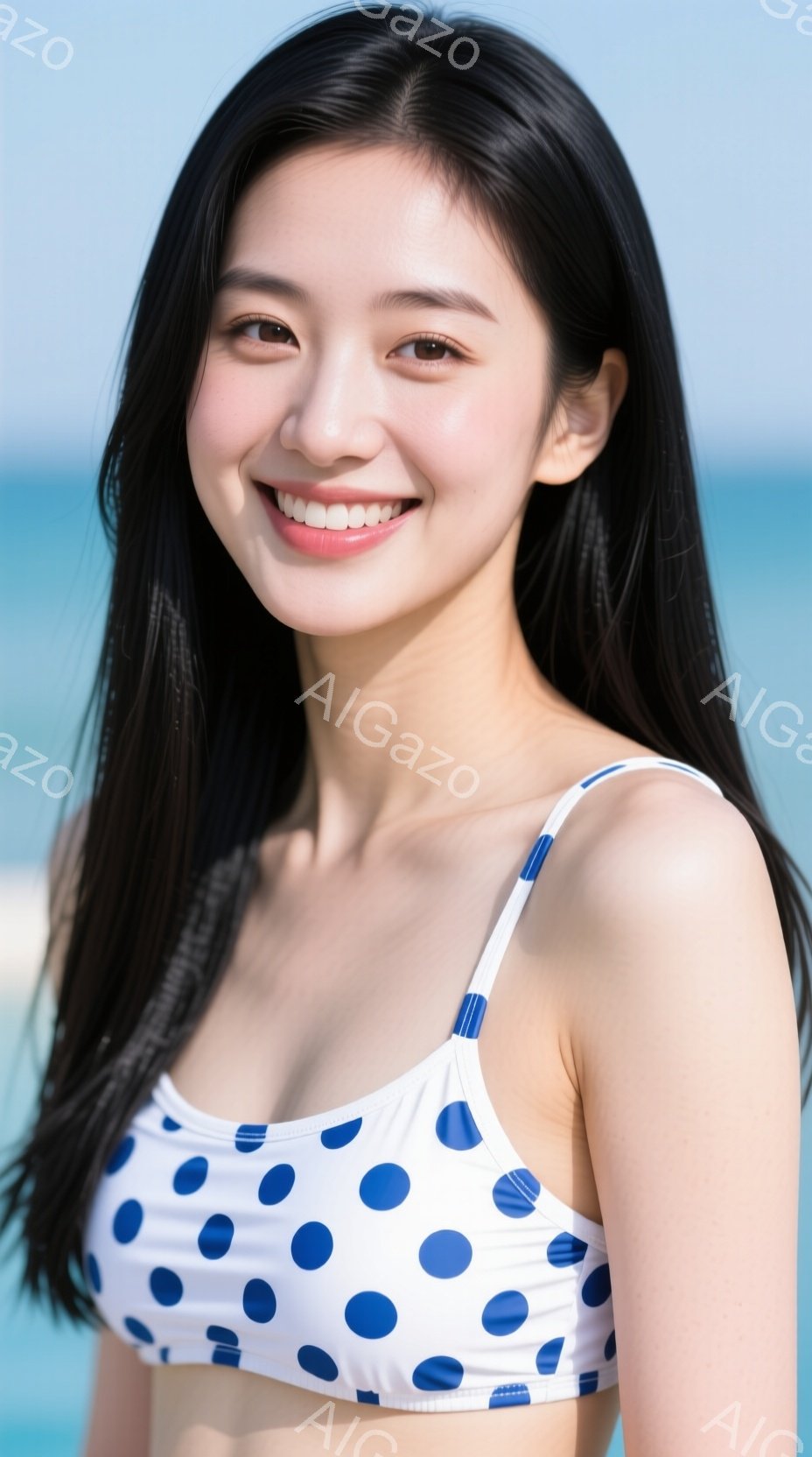 白地に紺色の水玉模様のビキニを着た若い女性が写っています。彼女は長い黒髪で、明るい笑顔を見せており、リラックスした雰囲気を醸し出しています。背景には青い海と空が広がり、晴れた日のビーチで撮影された写真 - AI生成フリー素材
