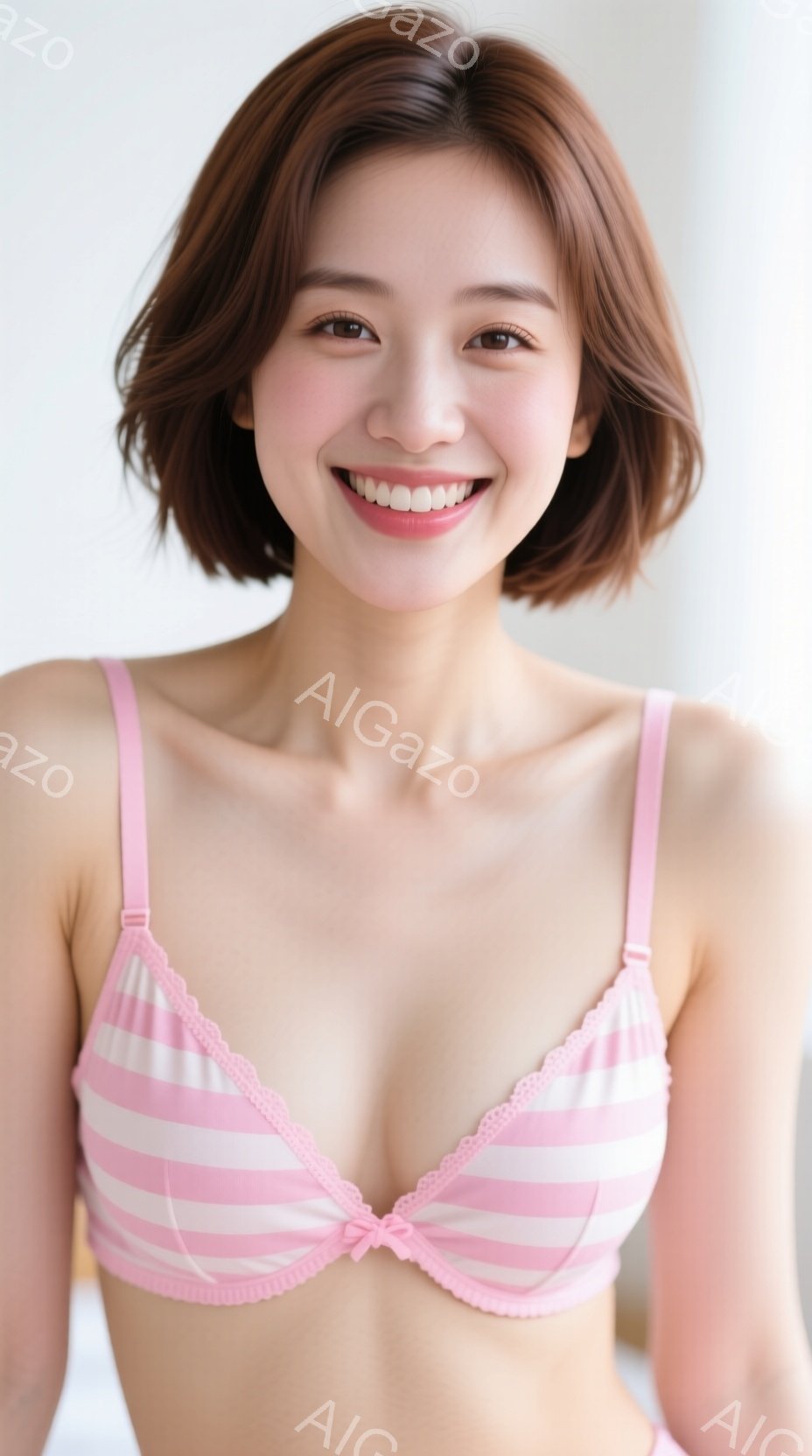 若い女性がピンクと白のストライプのブラレットを着用し、カメラに向かって微笑んでいます。彼女は肩までの長さの茶髪で、自然なメイクを施しています。背景はぼやけており、室内であるように見え、全体的に明るく穏 - AI生成フリー素材