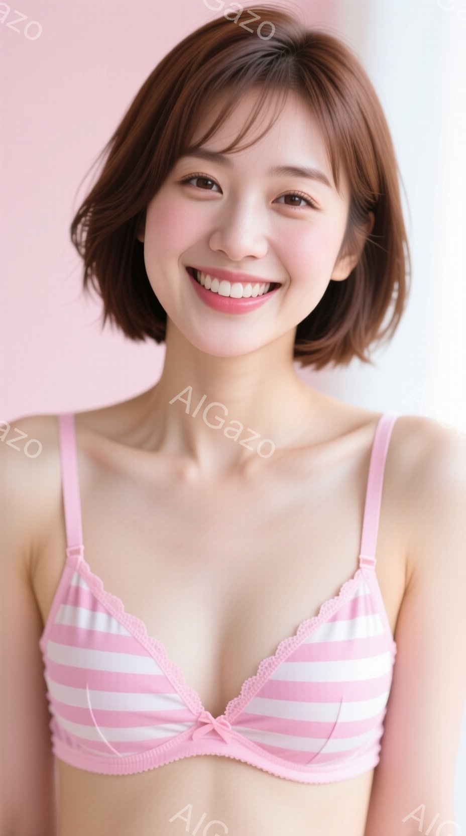 明るいピンクと白のストライプのブラレットを着用した若い女性が写っています。彼女は肩を出し、微笑んでおり、茶色のショートヘアは肩のあたりでカットされています。背景は淡いピンク色で、全体的に明るく、清潔感のある雰囲気を醸し出しています。
