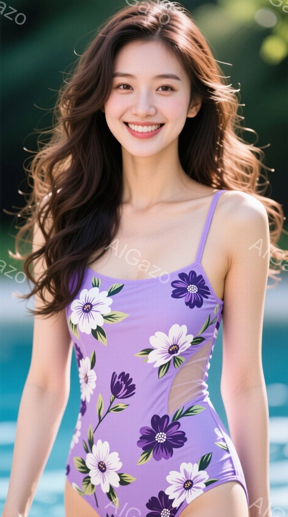 明るい紫色の花柄が印象的なワンピース水着を着た若い女性が写っています。彼女は少し微笑んでおり、髪は肩まで伸びたゆるいウェーブヘアです。背景には緑豊かな植物とプールが見え、晴れた日のリラックスした雰囲気 - AI生成フリー素材