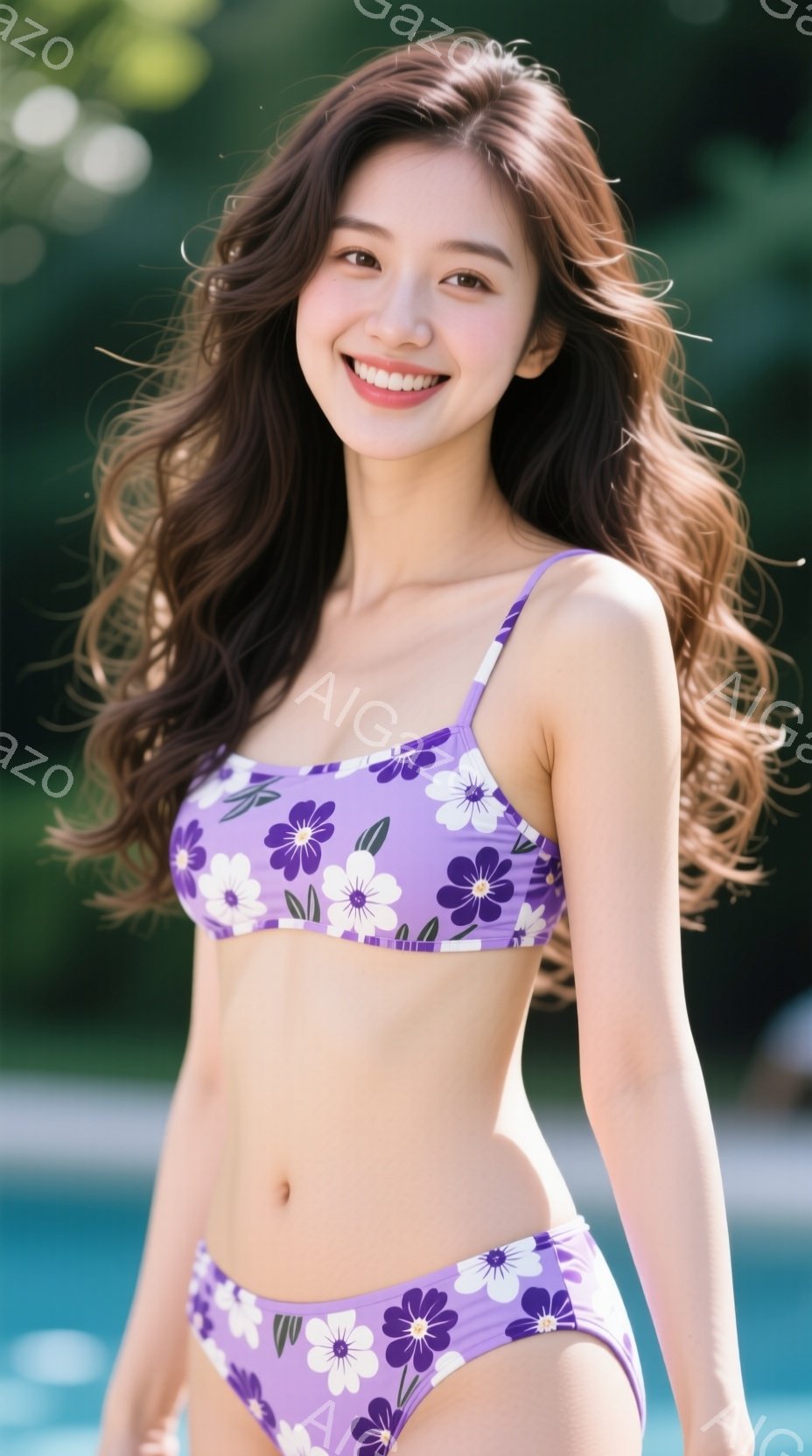 明るい紫色の花柄のビキニを着た若い女性が写っています。彼女は微笑んでおり、少し体を傾けてカメラを見ています。背景には青いプールと緑豊かな植物が見え、晴れた日のリラックスした雰囲気が漂っています。 - AI生成フリー素材