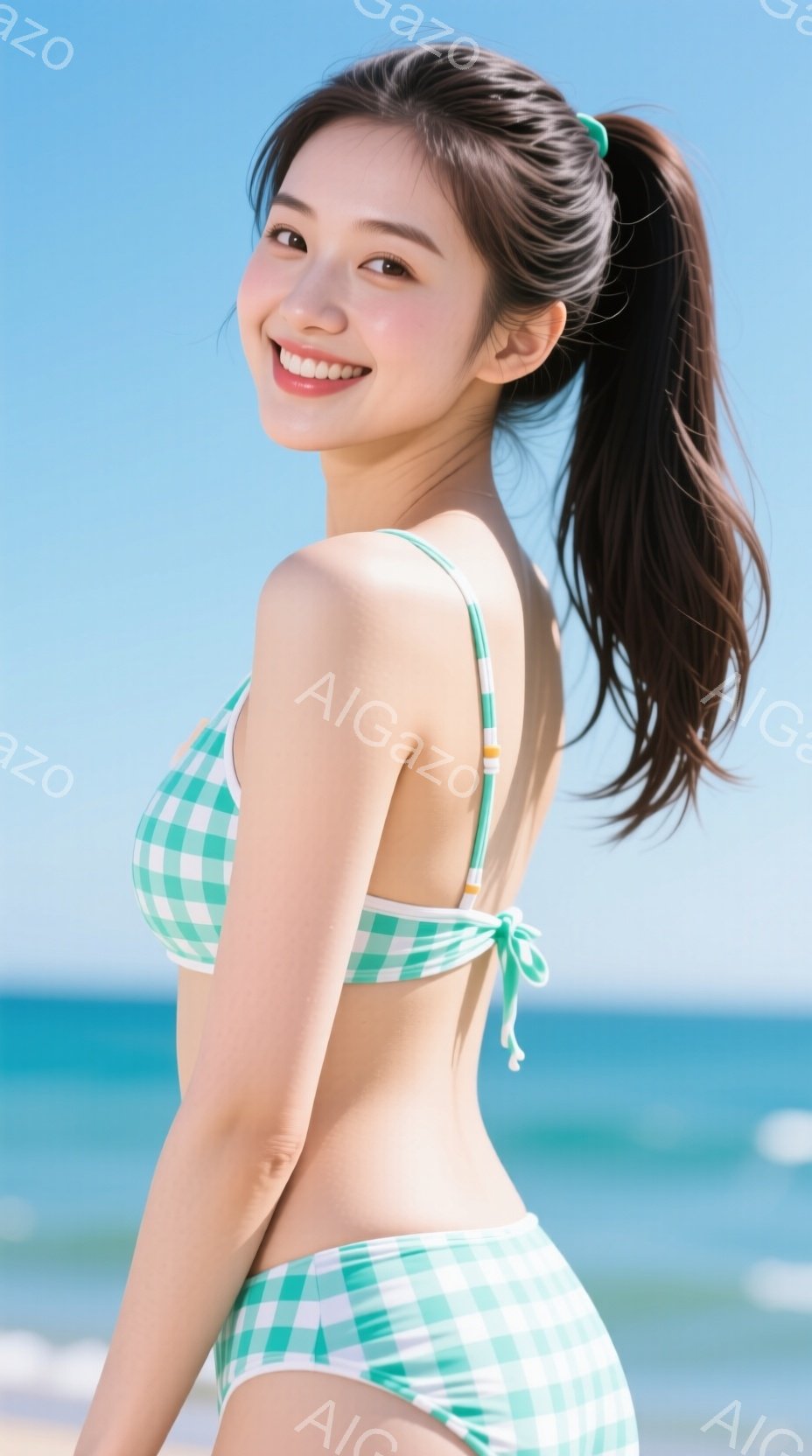 明るい緑と白のチェック柄のビキニを着た若い女性が、青い海を背景に正面を向いて立っています。彼女は髪を高いポニーテールにし、満面の笑顔を見せています。背景は穏やかな青い海で、晴れた日差しが彼女を照らして - AI生成フリー素材