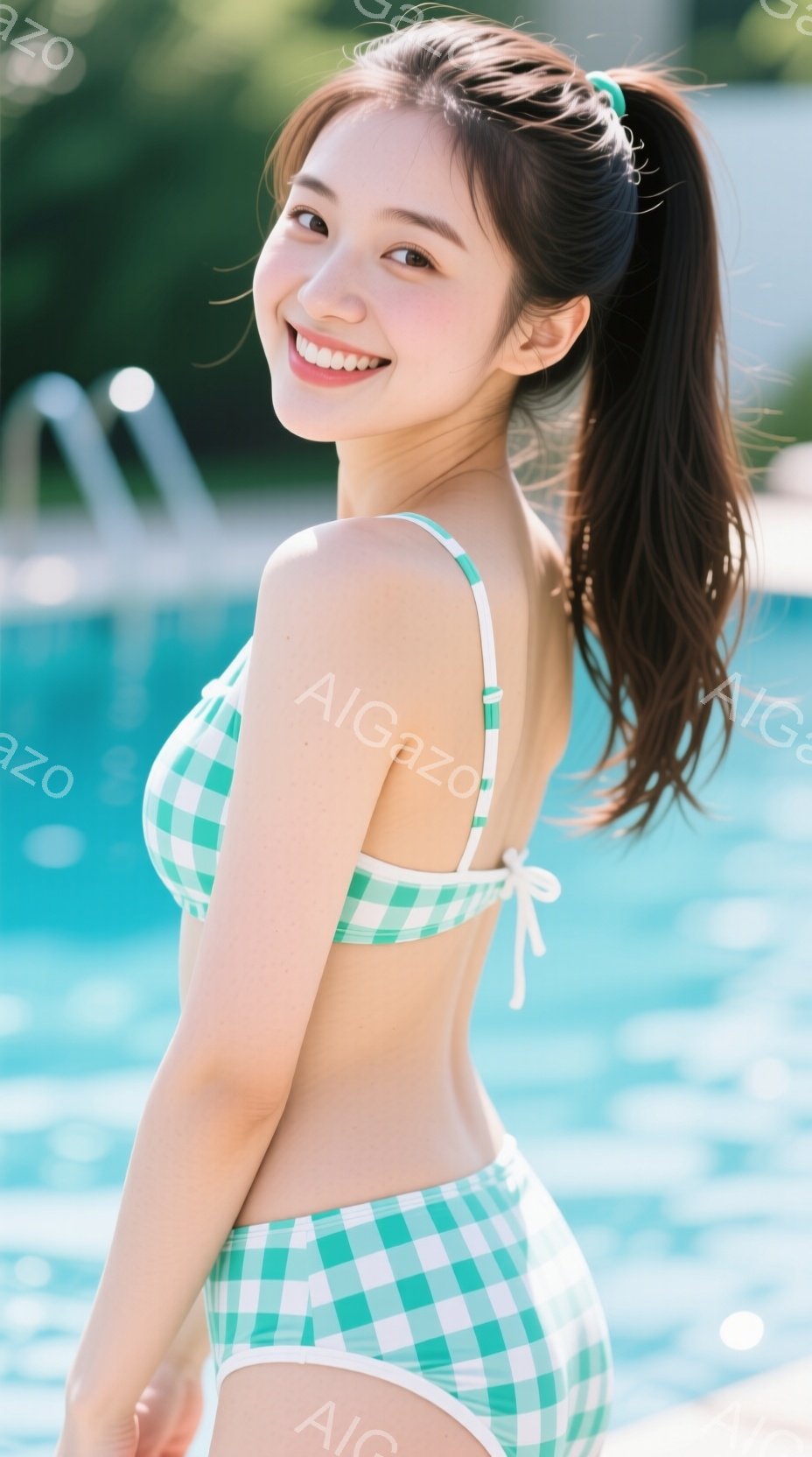 若い女性がチェック柄のビキニを着て、プールサイドで微笑んでいます。彼女は長い髪をポニーテールにし、顔には明るい笑顔が広がっています。背景には青いプールと緑豊かな植物が見え、晴れた日のリラックスした雰囲 - AI生成フリー素材