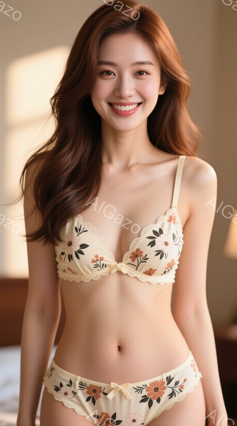 長い茶色の髪が肩にかかる女性が、クリーム色の花柄のブラジャーとショーツを身につけて立っています。彼女は微笑んでおり、リラックスした姿勢で、背景はぼやけた暖色系の部屋です。 全体的に、柔らかく自然光に包 - AI生成フリー素材