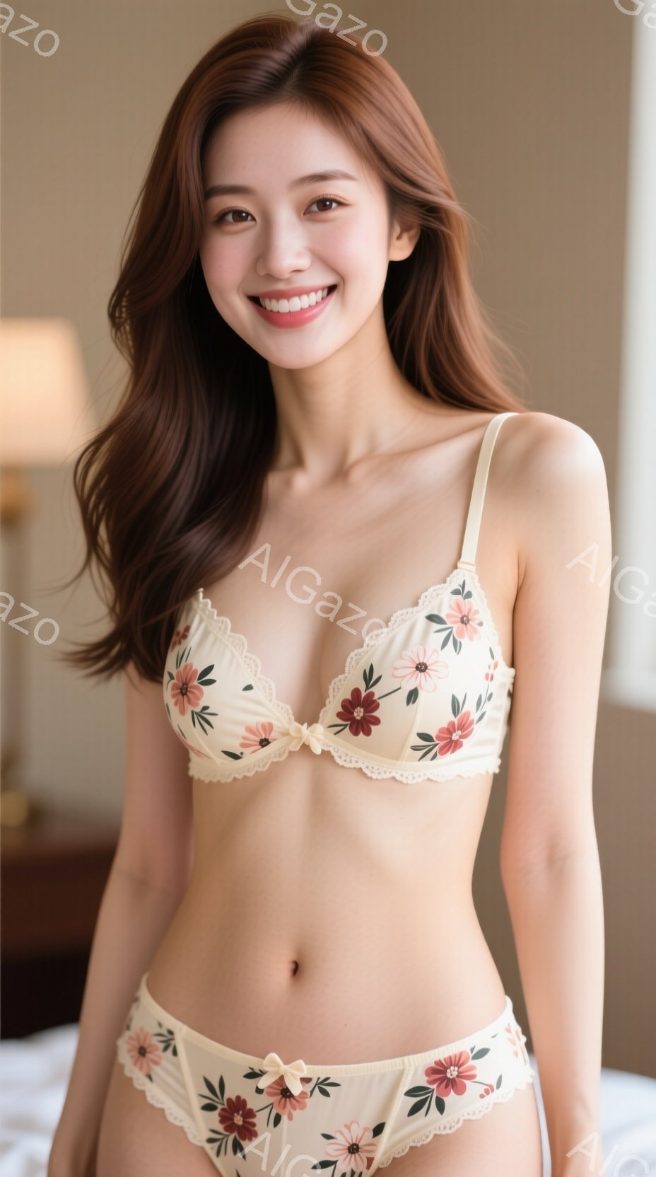 明るいクリーム色の花柄のブラとショーツを身につけた女性が写っています。彼女は微笑んでおり、長くウェーブのかかった茶髪が肩にかかっています。背景はぼやけていますが、ベッドと柔らかな光が感じられ、リラック - AI生成フリー素材