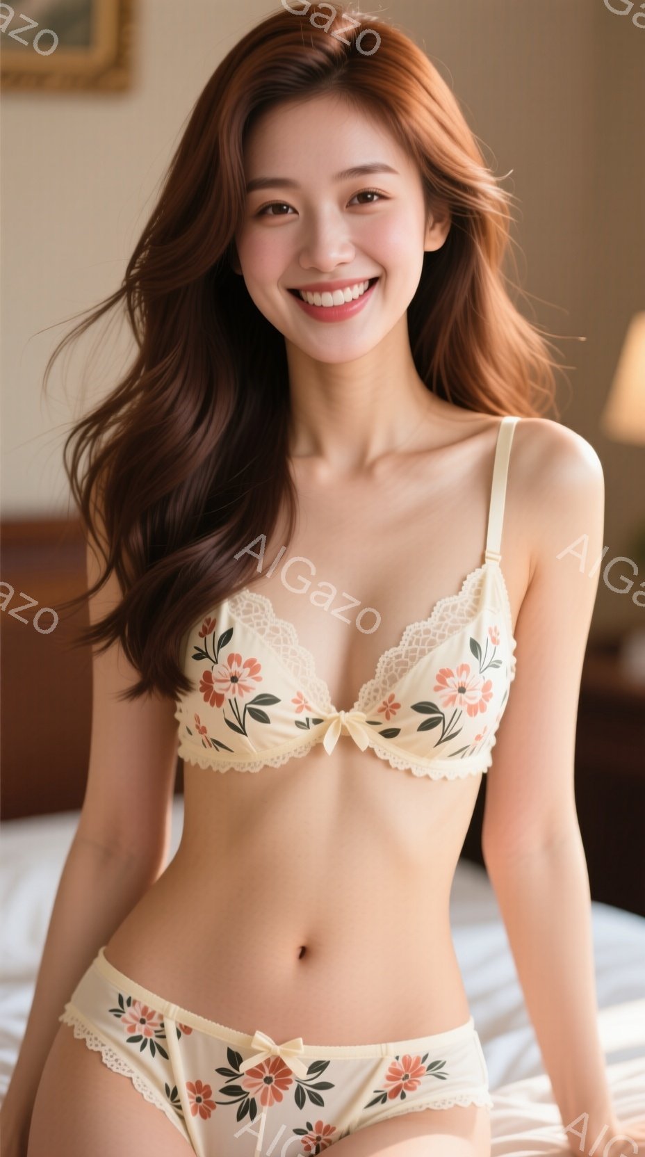 長い茶色の髪を優雅に肩にかけた女性が、クリーム色の花柄のランジェリーセットを身に着けて微笑んでいます。彼女はベッドに座り、リラックスした姿勢で、明るく自信のある表情を浮かべています。背景にはぼやけた部 - AI生成フリー素材