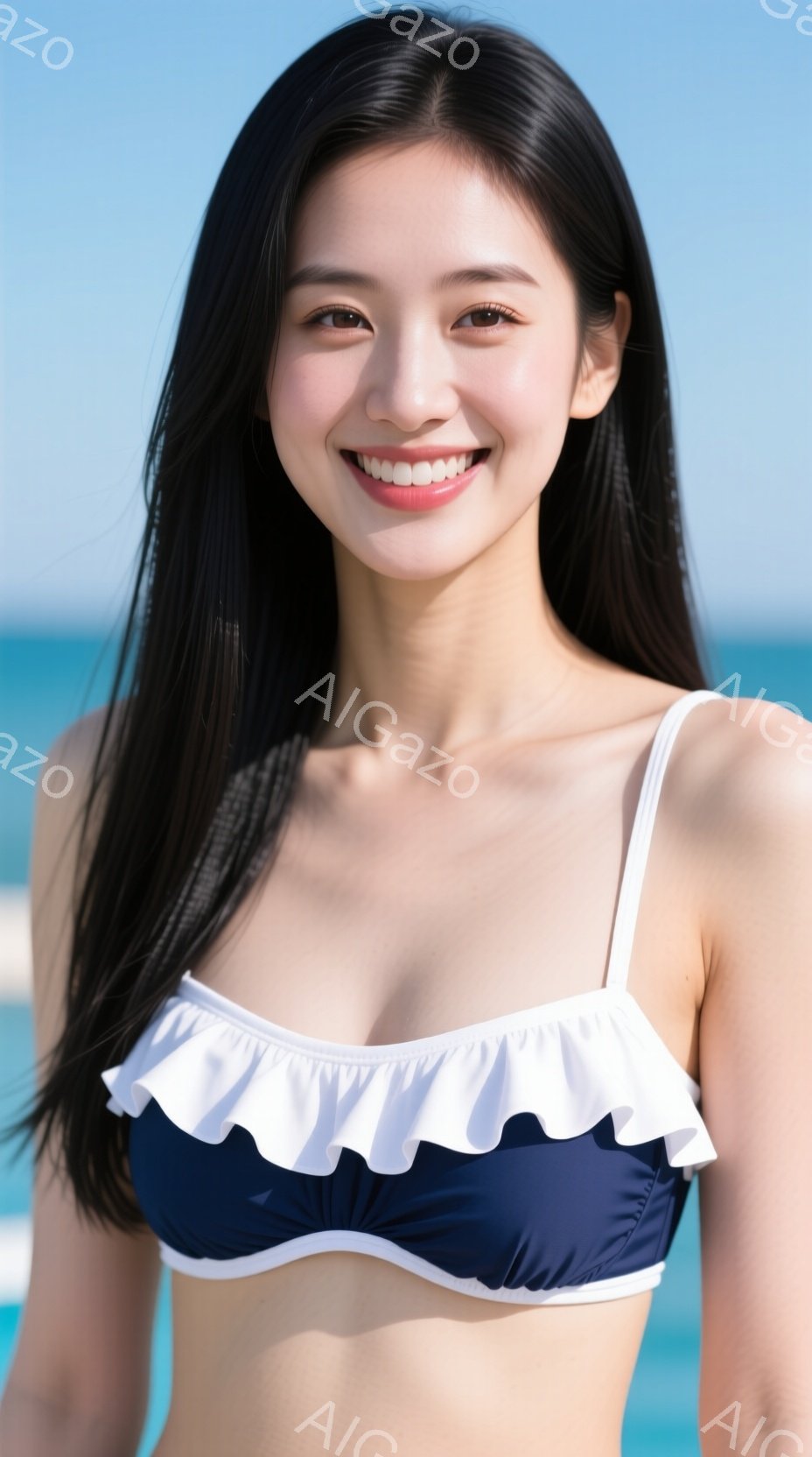 画像は、白い縁取りとフリルが特徴の紺色のビキニを着た若い女性を捉えています。彼女は黒髪を肩まで伸ばし、明るい笑顔を見せています。背景は青い海で、晴れた日のビーチの雰囲気が漂っています。 - AI生成フリー素材