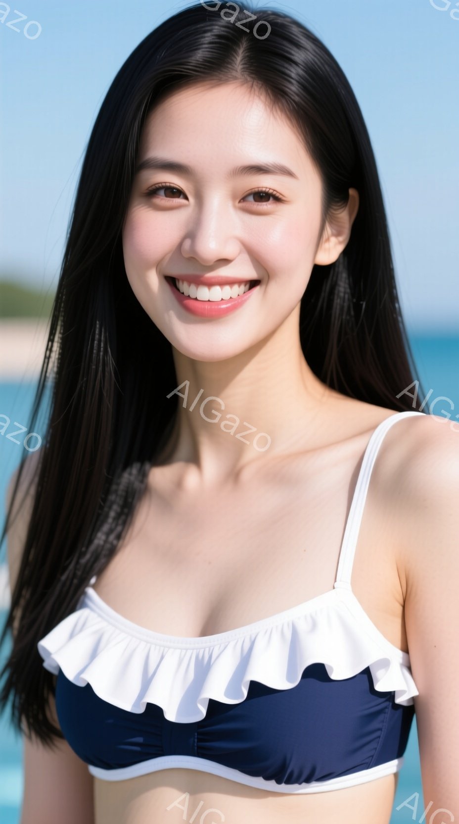 長い黒髪をストレートに伸ばした女性が、ネイビーと白のフリルが特徴の水着を着ています。彼女は微笑んでおり、表情は明るく、リラックスした雰囲気を醸し出しています。背景には青い海と空が広がり、晴天で穏やかな - AI生成フリー素材