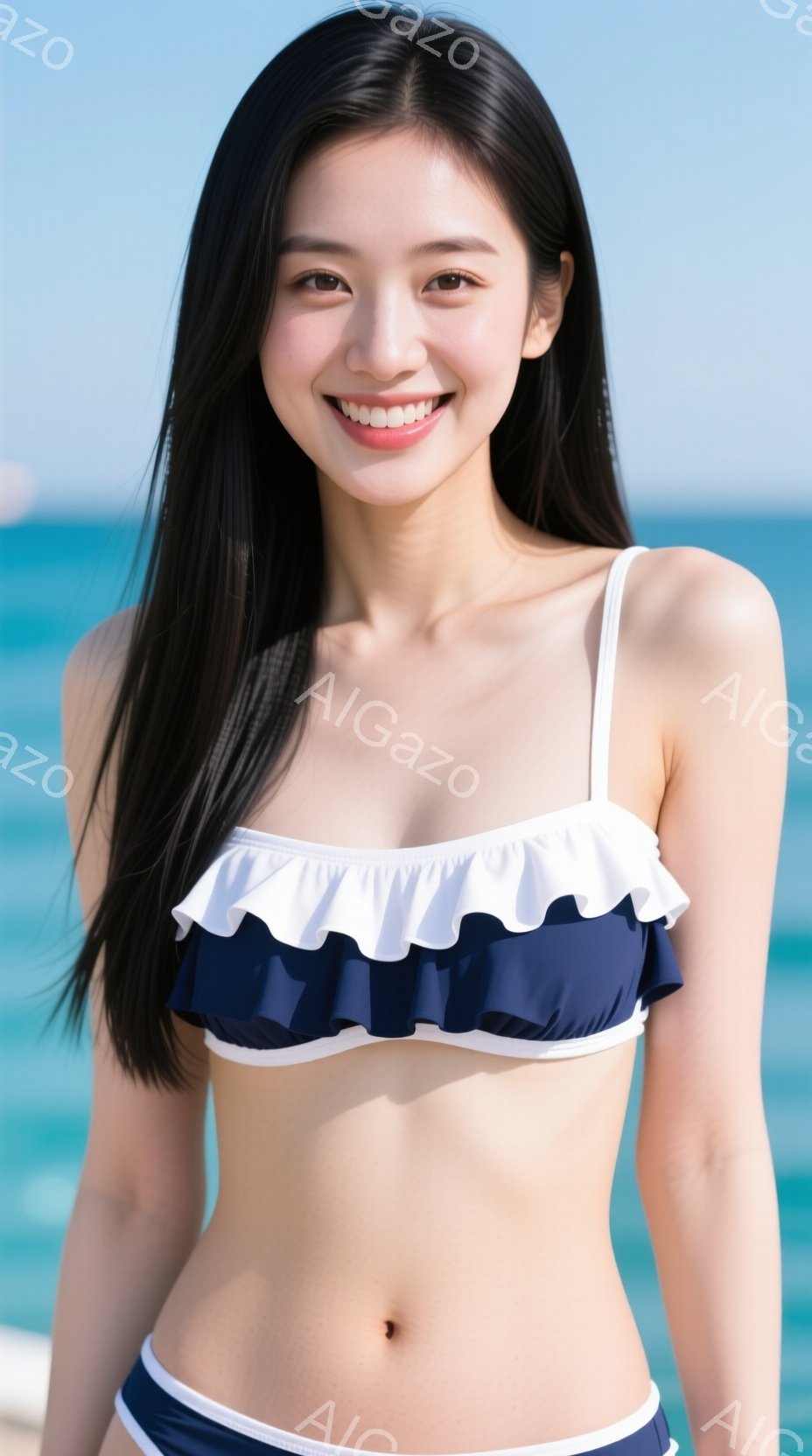 長い黒髪の女性が、紺色と白のフリルが特徴の水着を着ています。彼女は微笑んでおり、リラックスした姿勢で正面を向いています。背景は青い海と穏やかな空で、夏のビーチリゾートのような雰囲気が漂っています。 - AI生成フリー素材