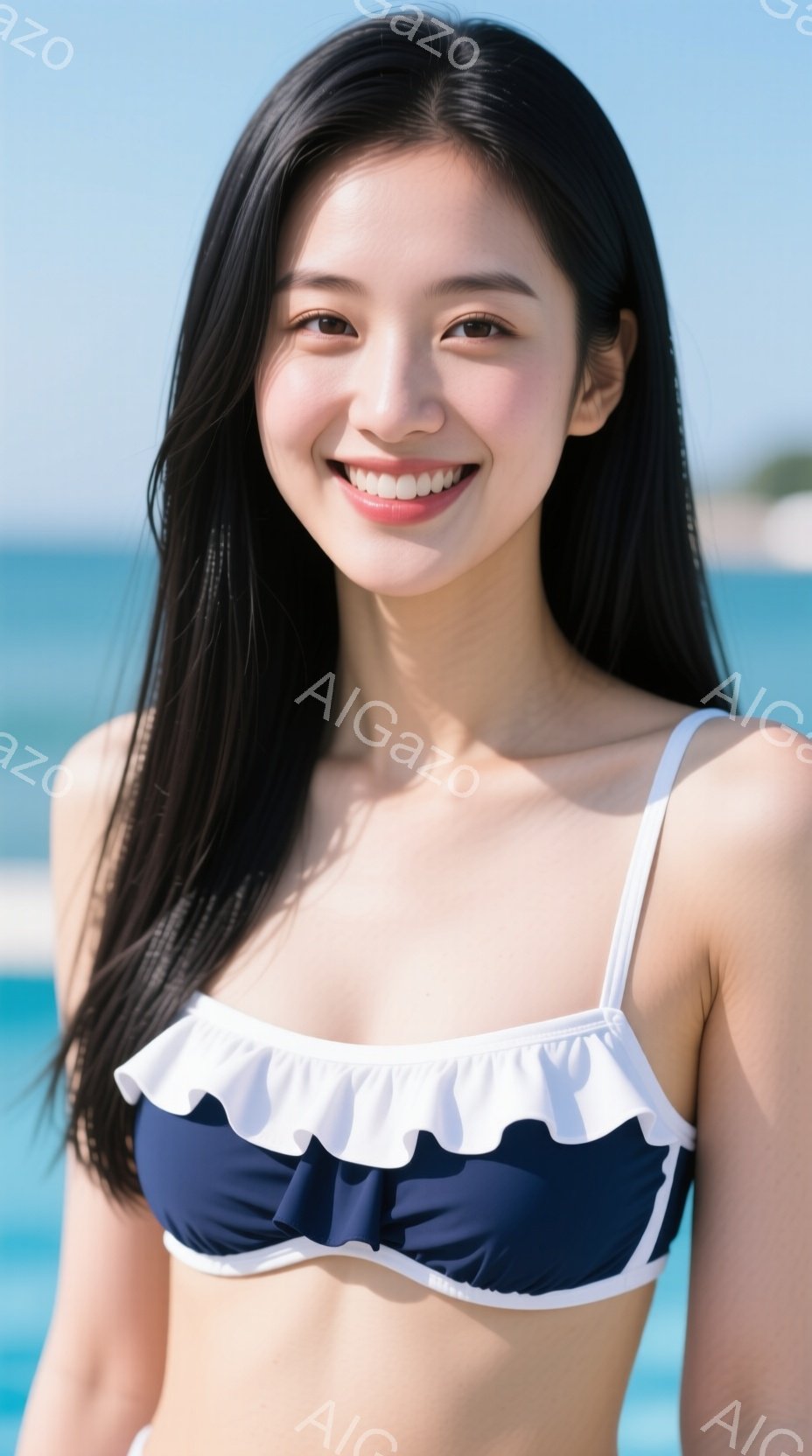 画像は、紺色と白のフリル付きビキニを着た若い女性が写っています。彼女は長くストレートな黒髪で、顔には明るい笑顔が浮かんでいます。背景には青い海と空が広がり、晴天のビーチリゾートの雰囲気が漂っています。 - AI生成フリー素材