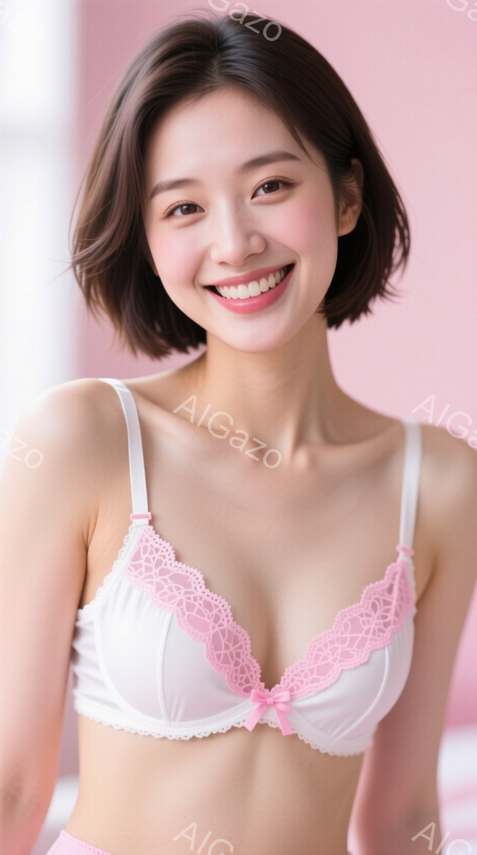 若い女性が白いレースのブラジャーを着用し、ピンク色のリボンがアクセントになっています。彼女は短い茶色の髪で、笑顔でカメラに向かって正面を向いています。背景は淡いピンク色で、全体的に明るく柔らかい雰囲気 - AI生成フリー素材