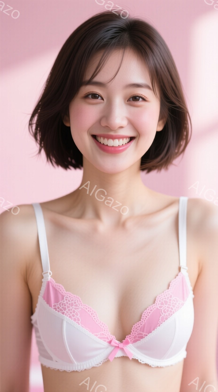 画像は、ピンクと白のレースのブラジャーを着用した若い女性のポートレートです。彼女は微笑んでおり、短くダークブラウンのヘアスタイルで、背景は淡いピンク色です。 全体的に、柔らかく親しみやすい雰囲気が漂っ - AI生成フリー素材