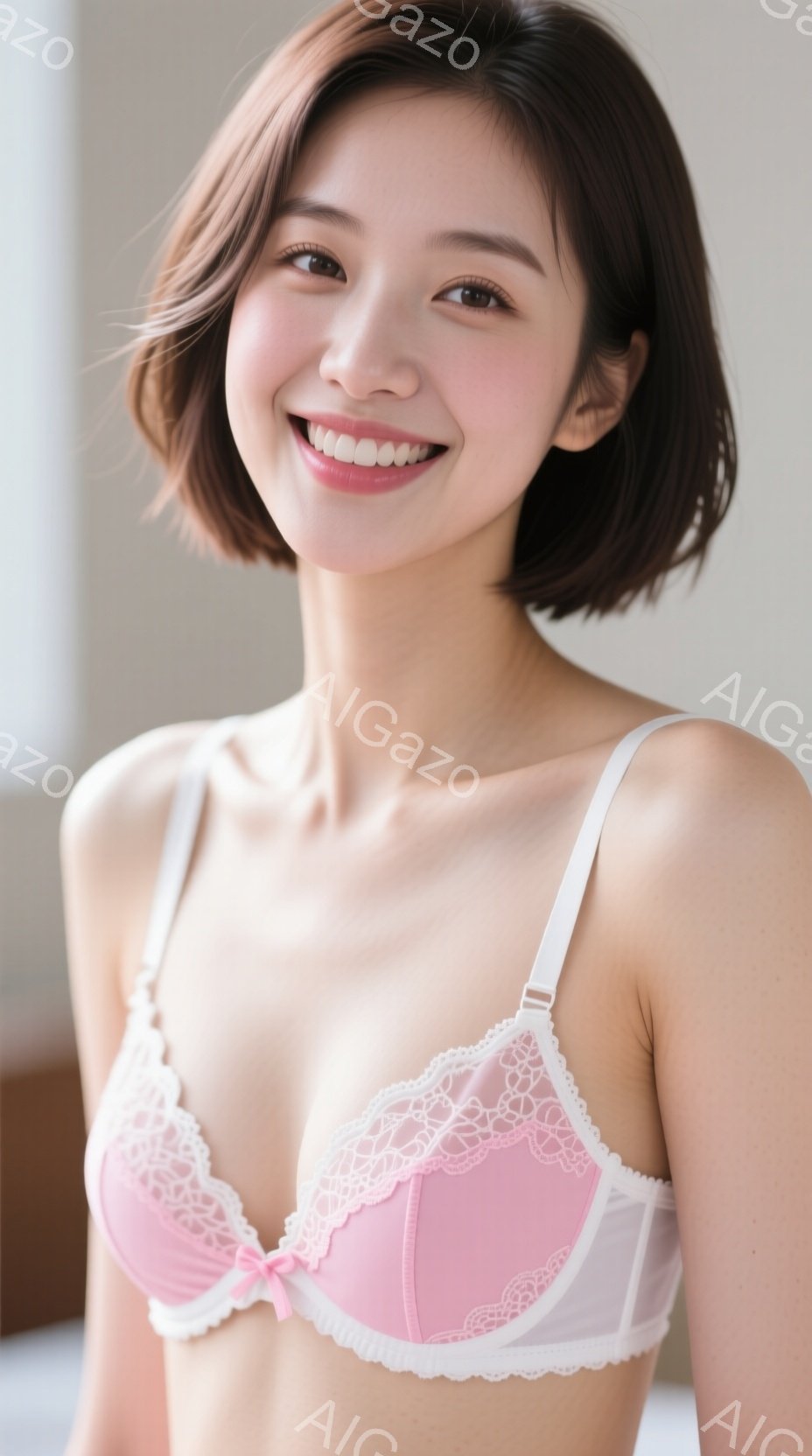 明るい茶色のショートヘアの女性が、ピンク色のレースのブラジャーを着用し、微笑んでいます。彼女は正面を向き、リラックスした姿勢で立っており、背景はぼやけていますが、おそらく室内の壁です。 全体的に、明るく、若々しく、自然な雰囲気です。