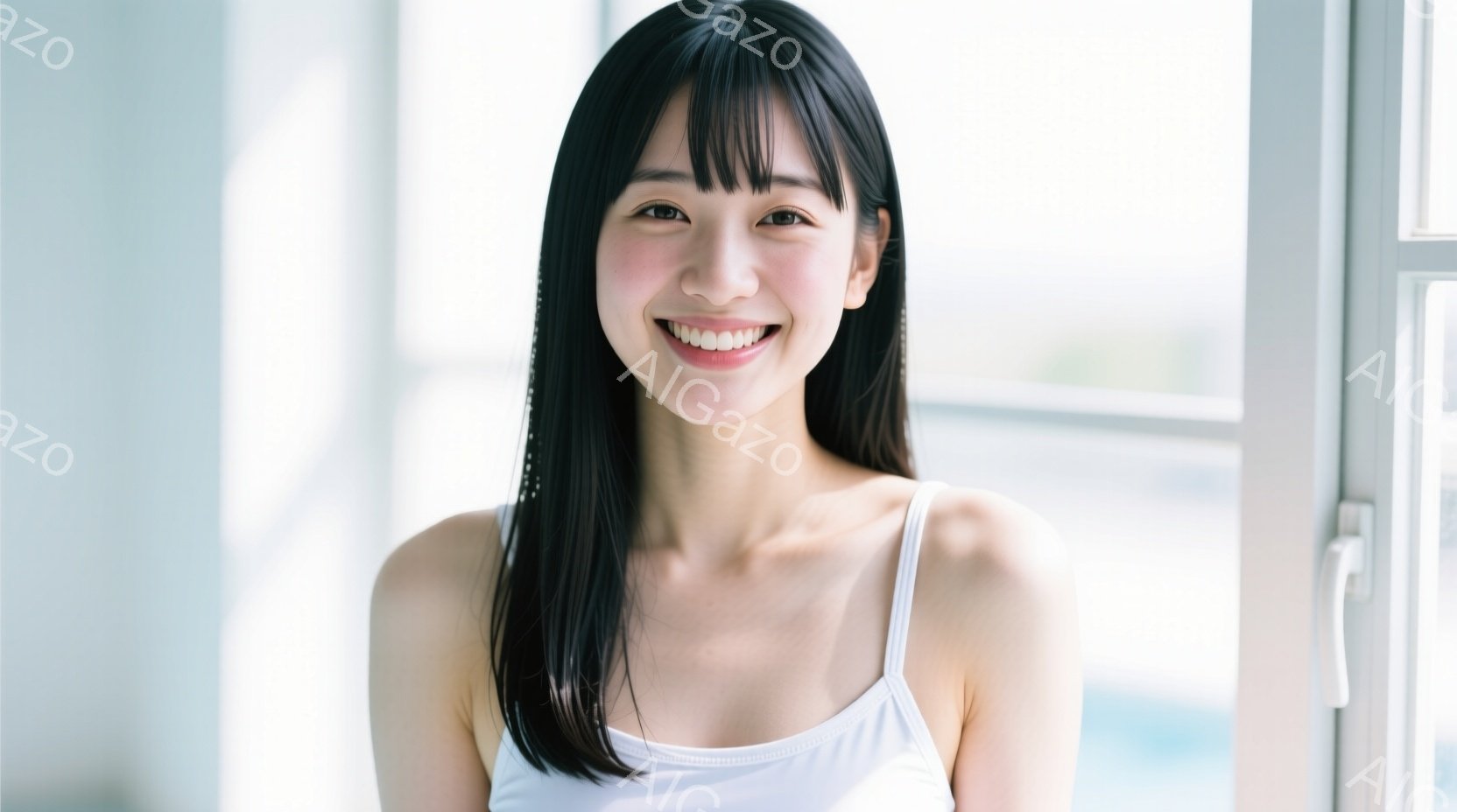 黒髪で前髪のある若い女性が、白いタンクトップを着て笑顔でカメラを見ている。彼女はリラックスした姿勢で、背景にはぼやけた窓と光が差し込んでいる。全体的に、明るく清潔感のある雰囲気で、自然な美しさが際立っ - AI生成フリー素材