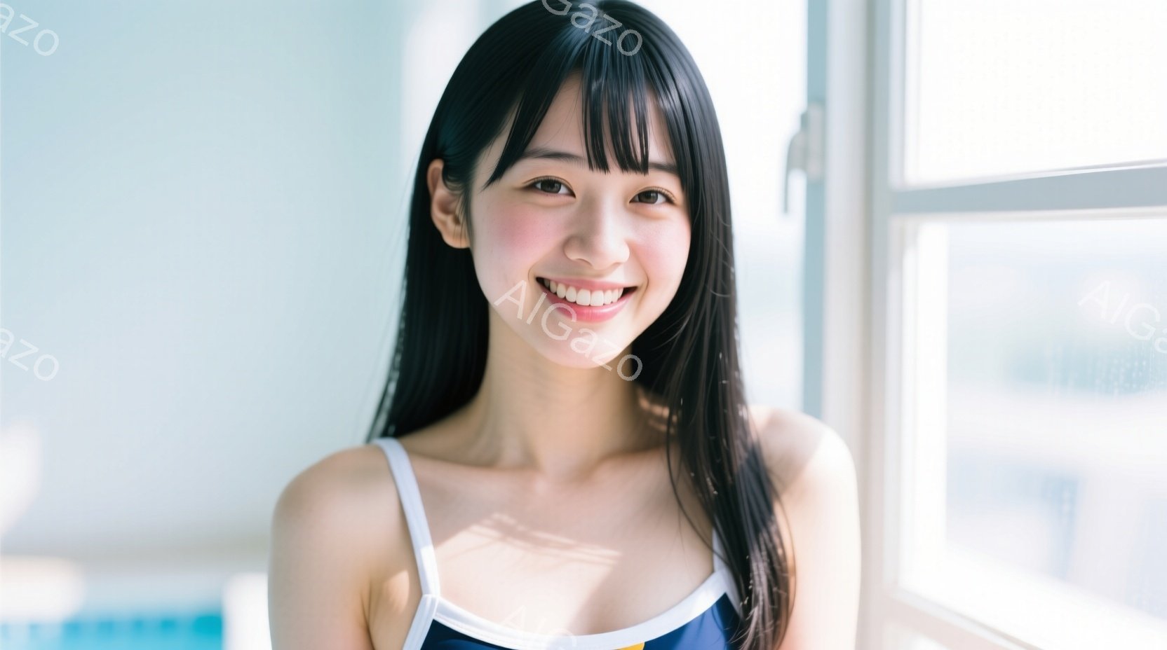 黒髪で前髪ぱっつんの女性が、明るい笑顔でこちらを見ている。紺色のキャミソールのようなものを着ており、背景には窓と光が差し込んでいる。全体的に爽やかで、夏の日のような開放的な雰囲気が漂っている。 - AI生成フリー素材