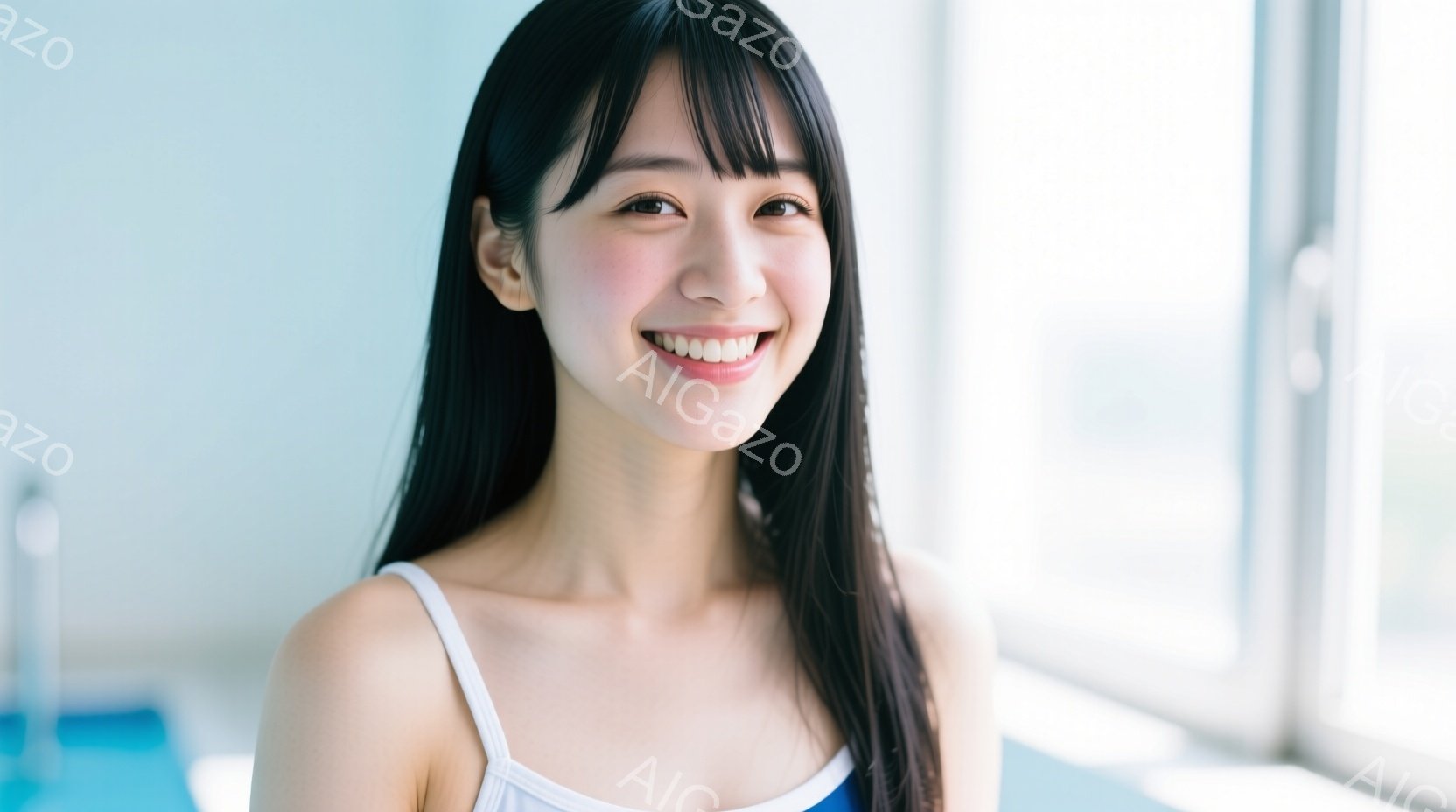 長い黒髪で、前髪は眉毛にかかるように切り揃えられています。白いキャミソールを着て、笑顔でカメラを見ています。背景は青い水と窓で、明るく清潔な印象を与えます。 - AI生成フリー素材