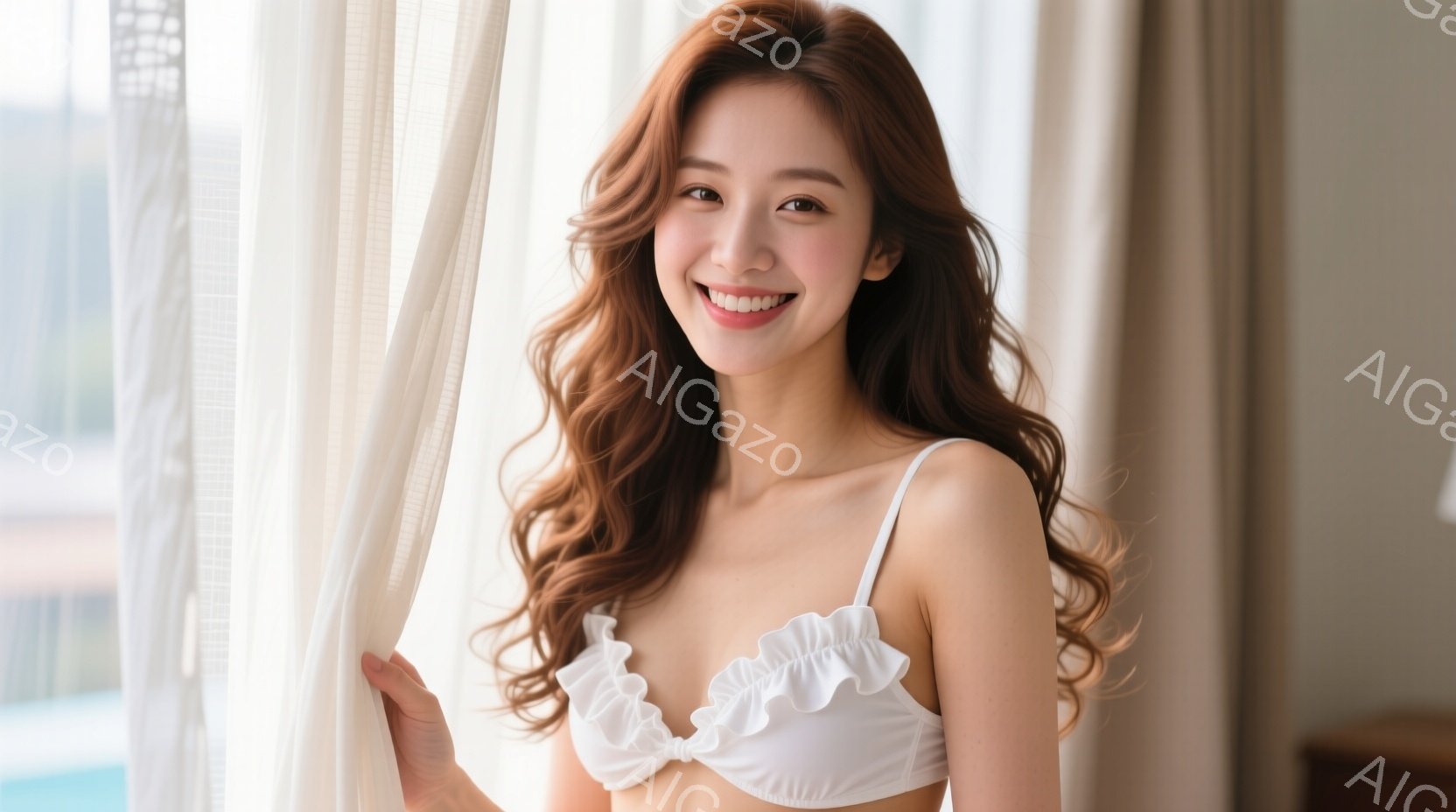 明るい茶髪の女性が白いレースのブラトップを着て微笑んでいます。彼女は少し体をひねり、窓枠に寄りかかり、リラックスした姿勢を見せています。背景にはぼやけた建物が見え、室内は明るく、暖かく、穏やかな雰囲気 - AI生成フリー素材