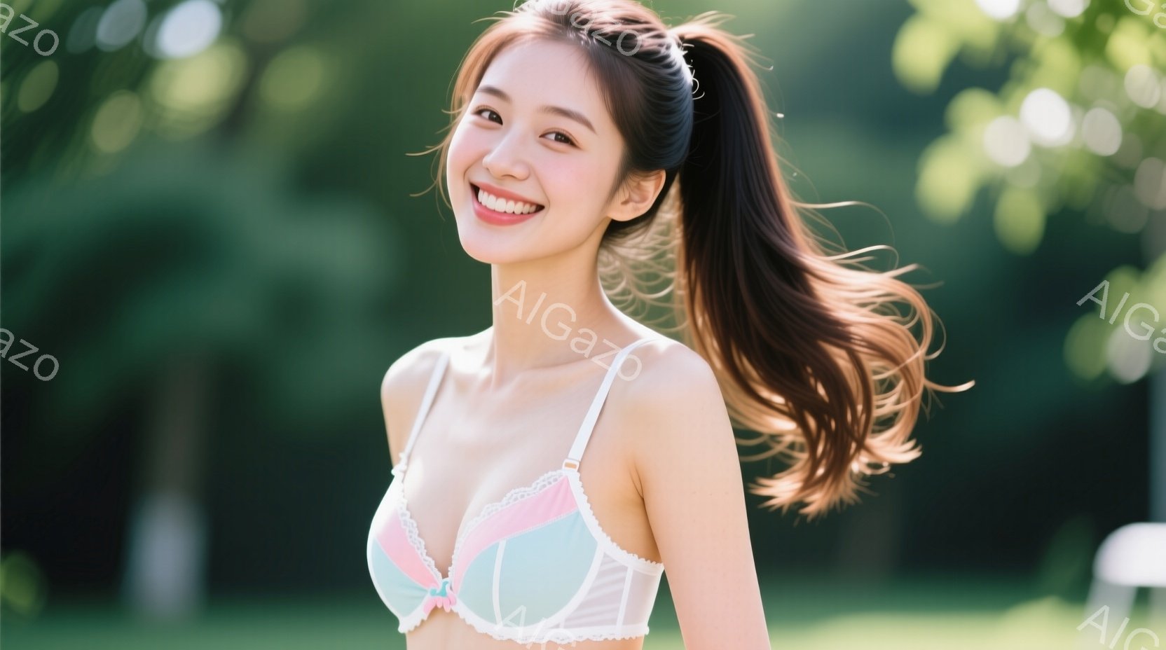 長い茶色の髪を高い位置でポニーテールにし、ピンクと水色のレースがあしらわれたブラレットを身に着けた若い女性が写っています。彼女は微笑み、カメラの方を見ており、リラックスした姿勢で立っています。背景には - AI生成フリー素材