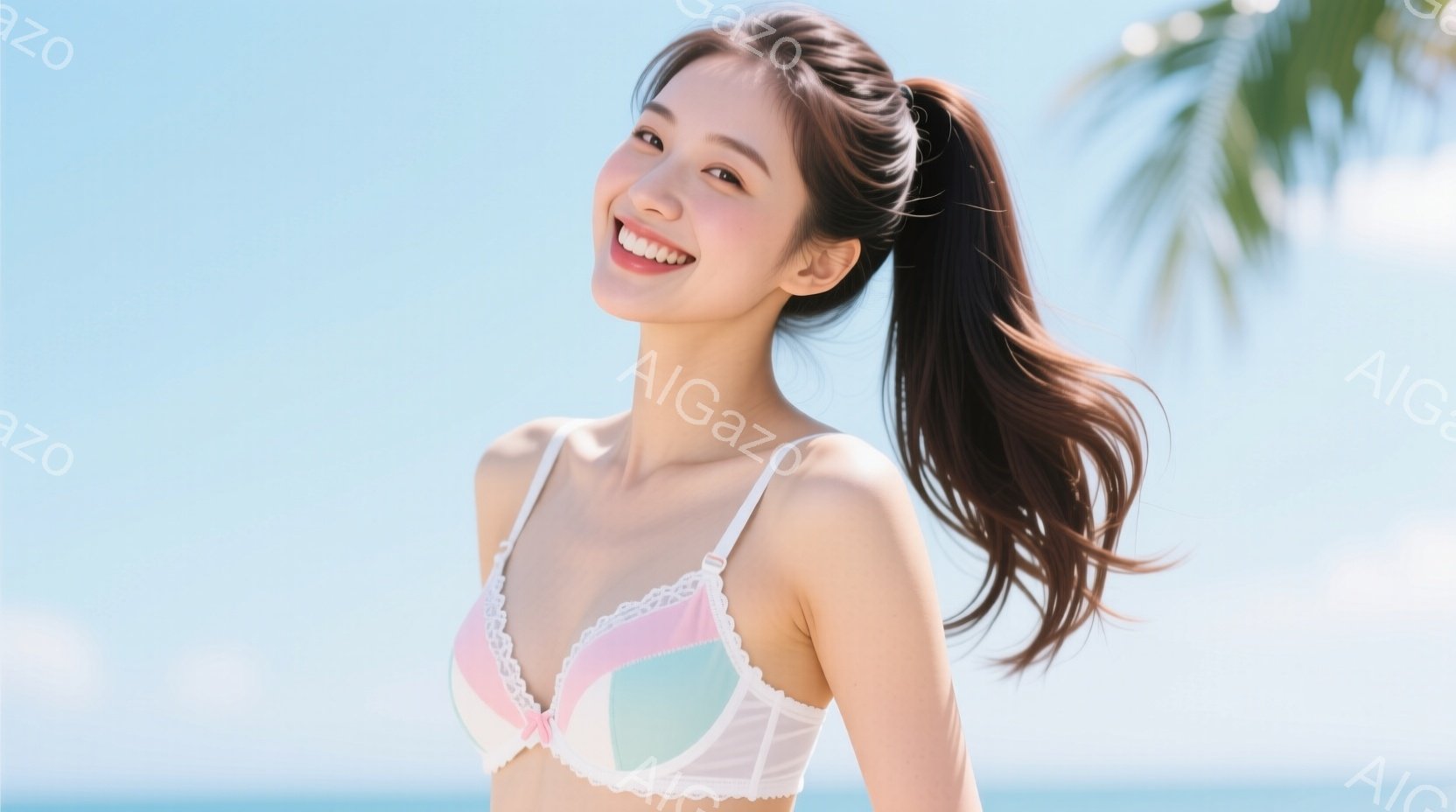 長い茶色の髪を高くポニーテールにした女性が、パステルピンクと水色のブラレットを身につけています。彼女は微笑んでおり、顔はわずかに横を向いています。背景には青い海とヤシの木が見え、晴れた日の穏やかな雰囲気が漂っています。